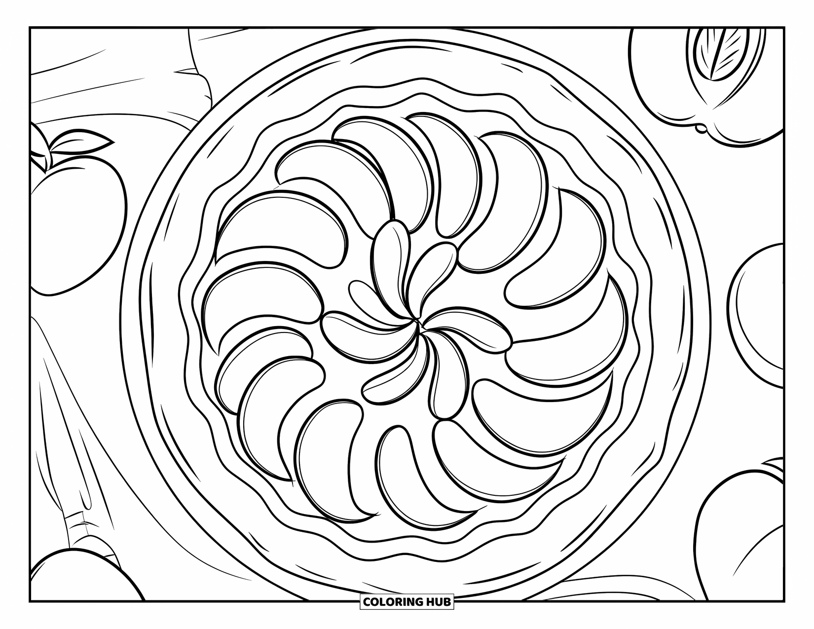 Pie Coloring Page for Kids: Peach pie with slices around it and a clean background