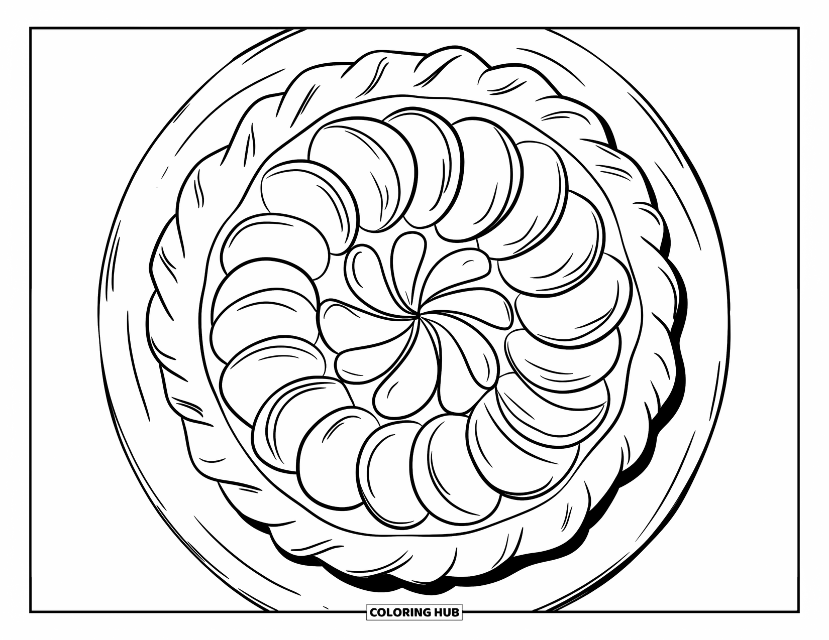 Pie Coloring Page for Kids: Peach pie with spiral-cut peaches on a wooden board