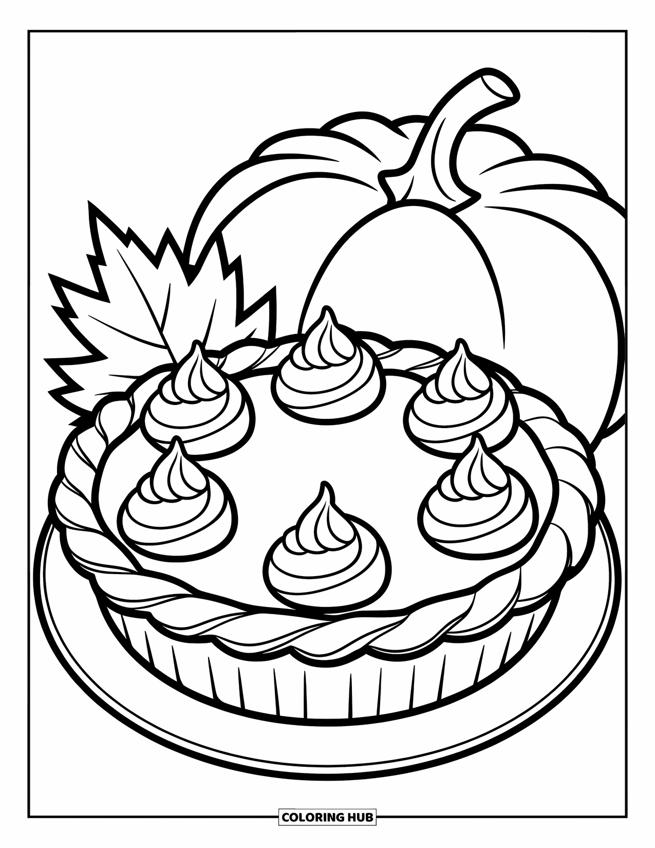 Pie Coloring Page for Kids: Pumpkin pie with a leaf and a stem beside it