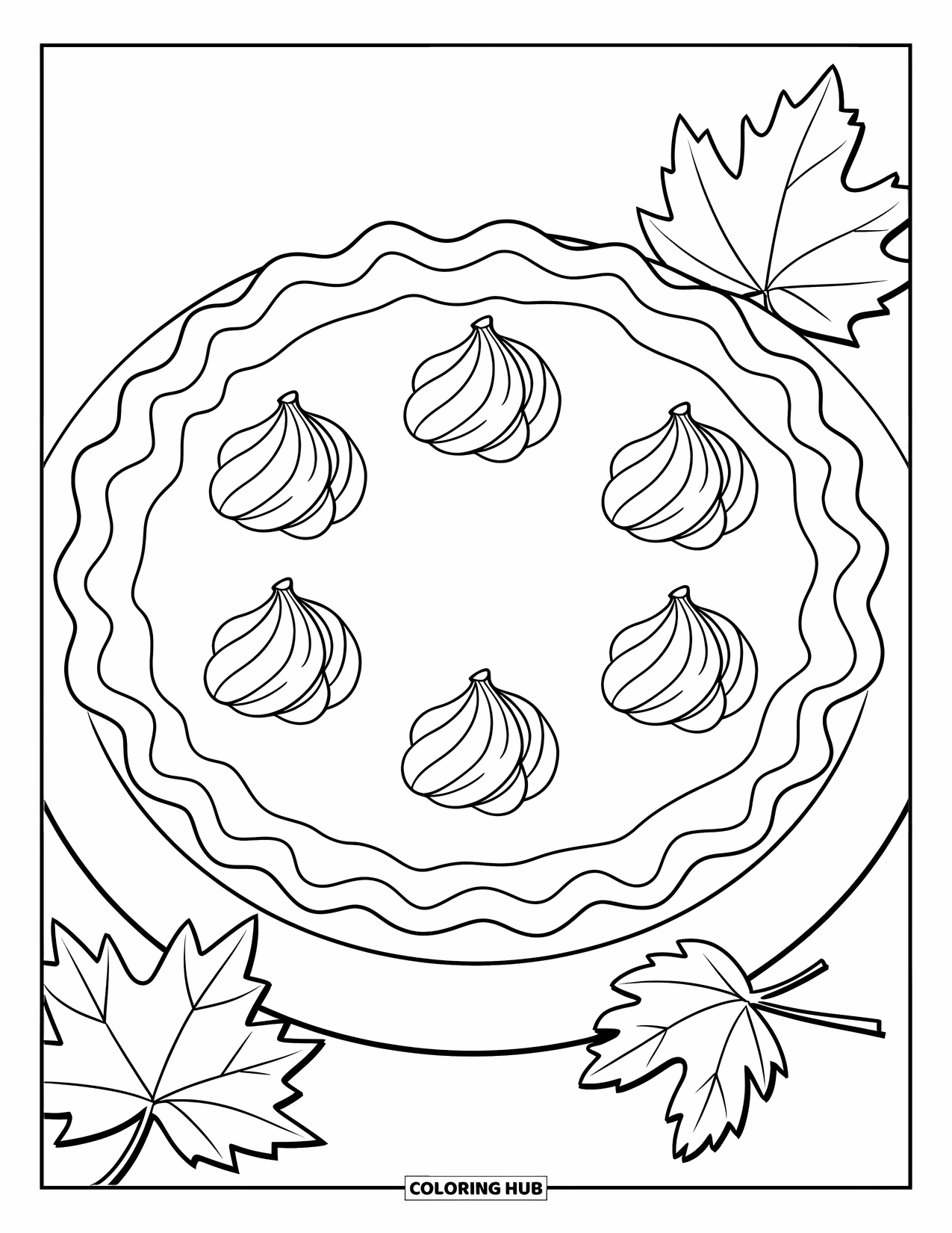 Pie Coloring Page for Kids: Pumpkin pie with two leaves on the plate and white background