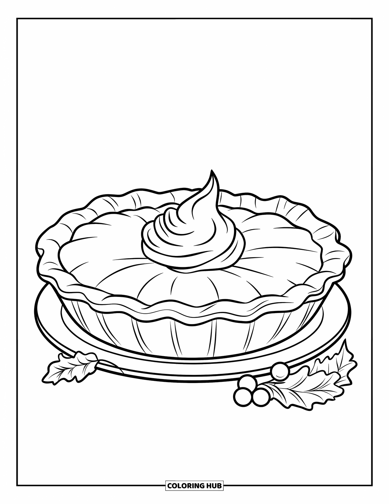 Pie Coloring Page for Kids: Pumpkin pie with whipped cream, leaves, and berries nearby
