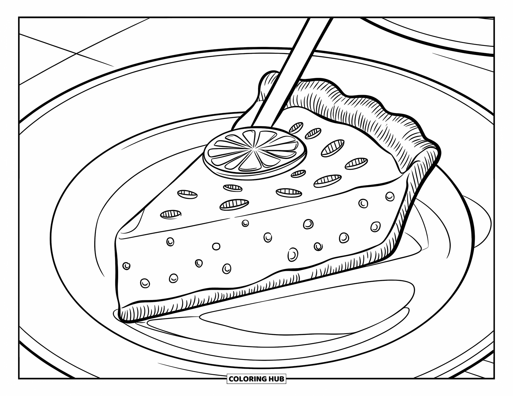 Pie Coloring Page for Kids: Slice of key lime pie with lime zest on a white plate