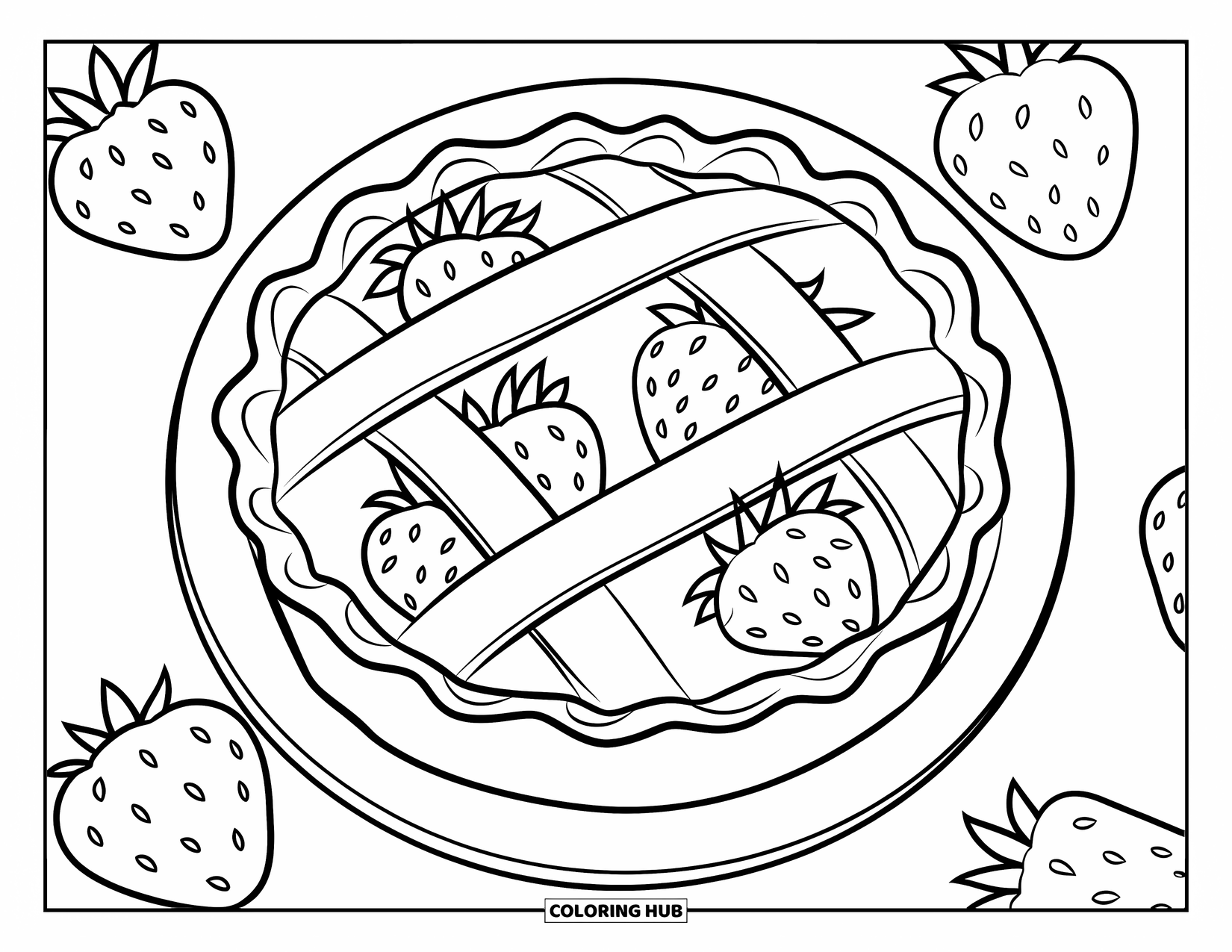 Pie Coloring Page for Kids: Strawberry pie with five crust strips and strawberries around it