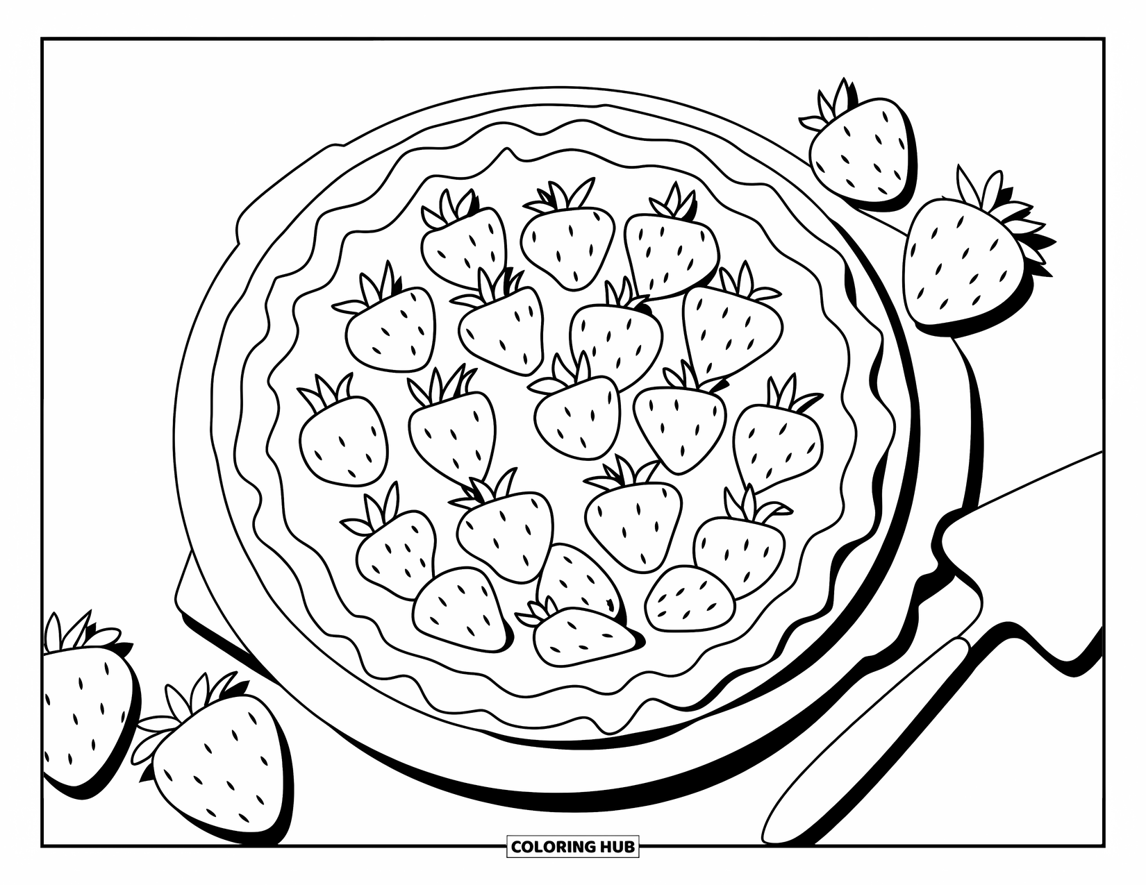 Pie Coloring Page for Kids: Strawberry pie with glaze, wooden board, and pie server nearby