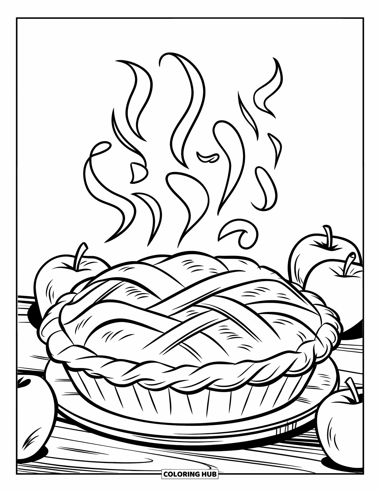 Pie Coloring Page for Kids: Whole apple pie with steam curls and apples around it