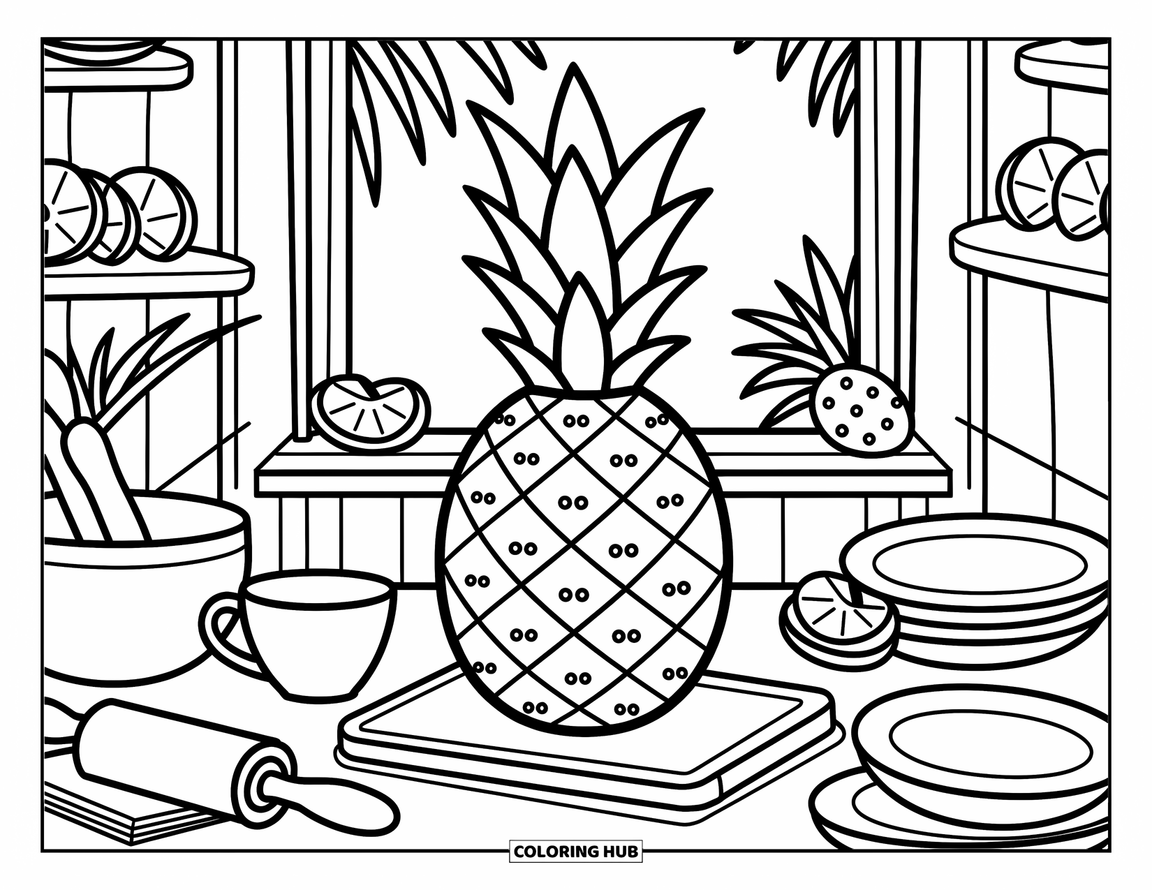 Pineapple Coloring Page for Adults: Cozy kitchen with pineapple, teacup, tools, and a tropical window view