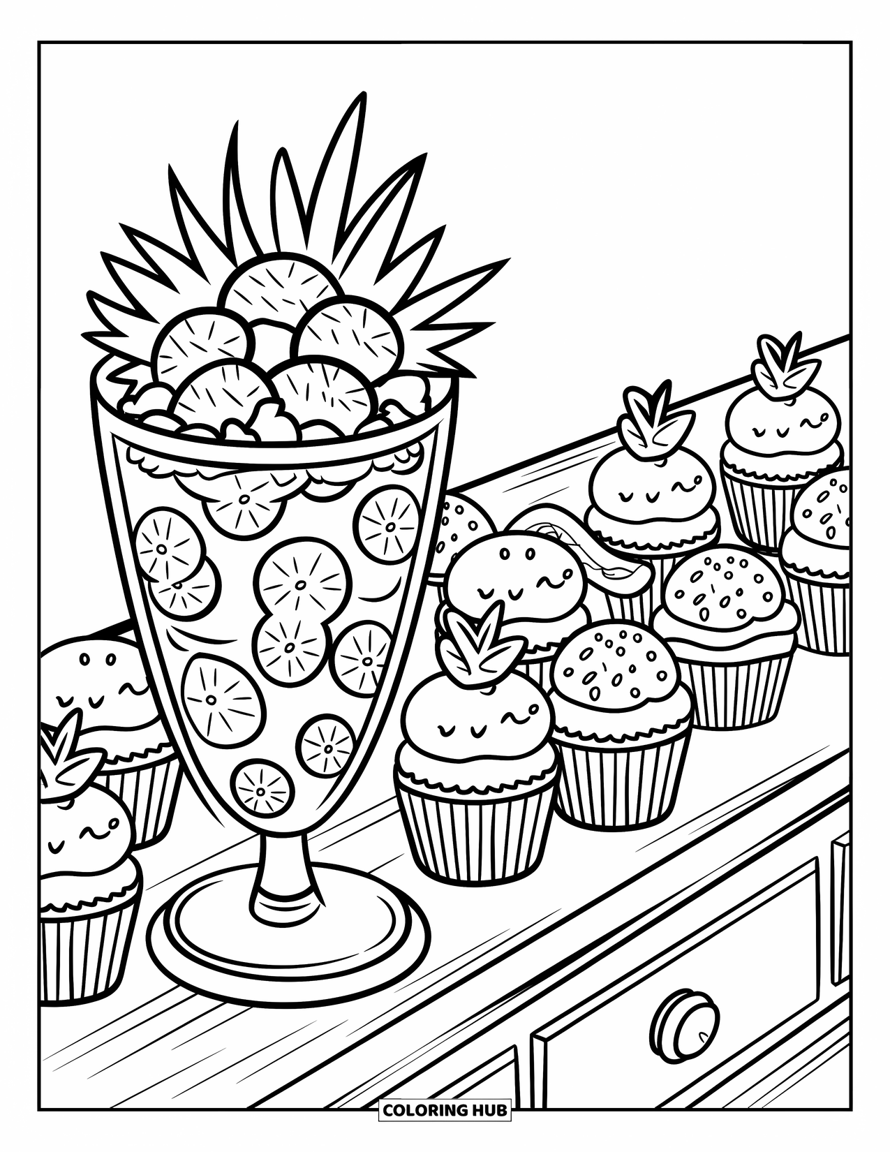 Pineapple Coloring Page for Adults: Cute desserts with a pineapple parfait, cupcakes, and cookies on a rustic table