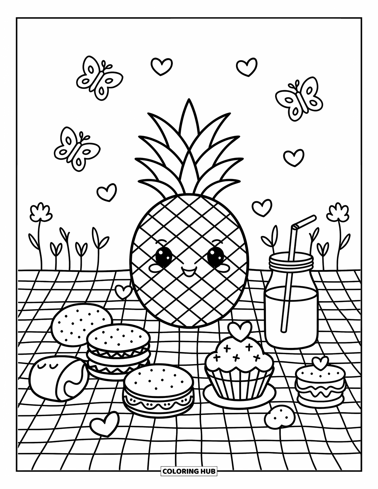 Pineapple Coloring Page for Adults: Cute pineapple enjoys a picnic with sandwiches, sweets, and fluttering hearts