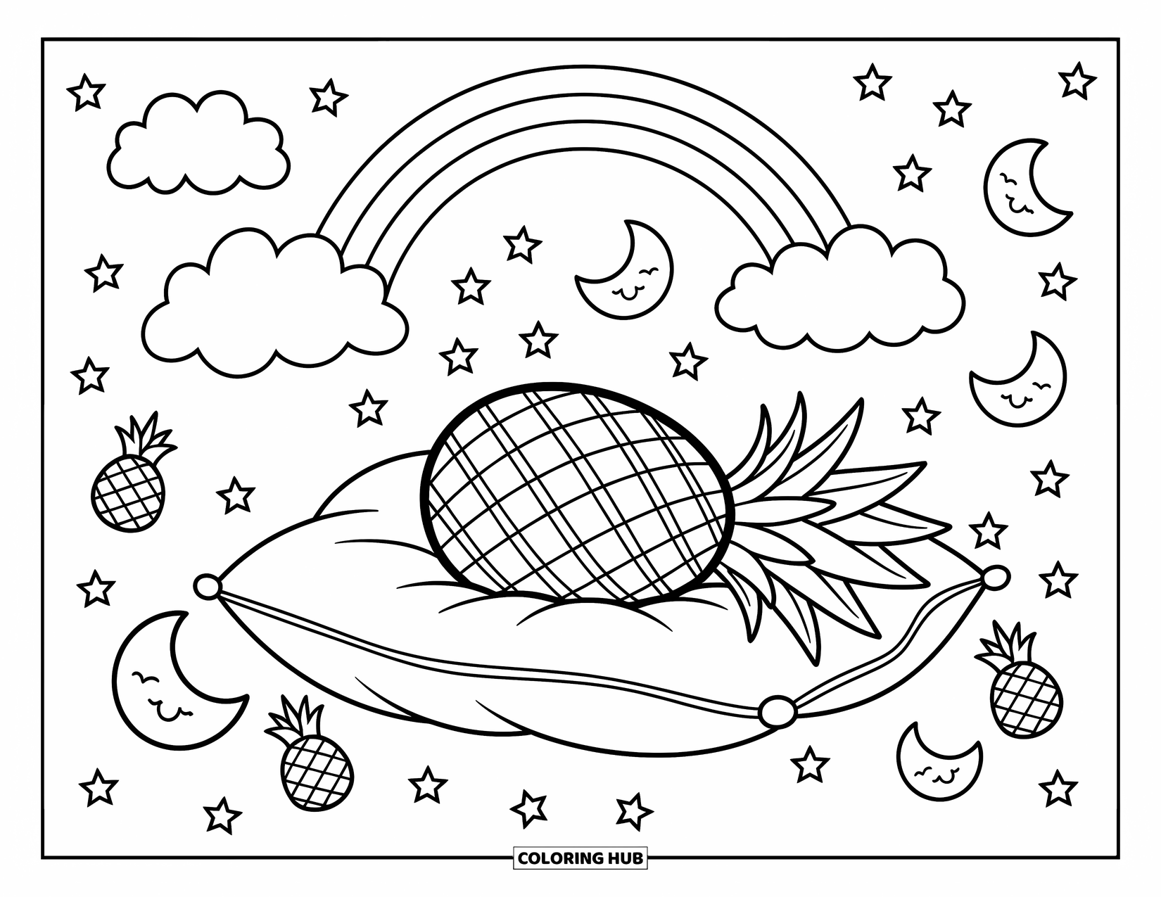 Pineapple Coloring Page for Adults: Dreamy pineapple on a cloud with a rainbow, sleepy stars, and cozy doodles