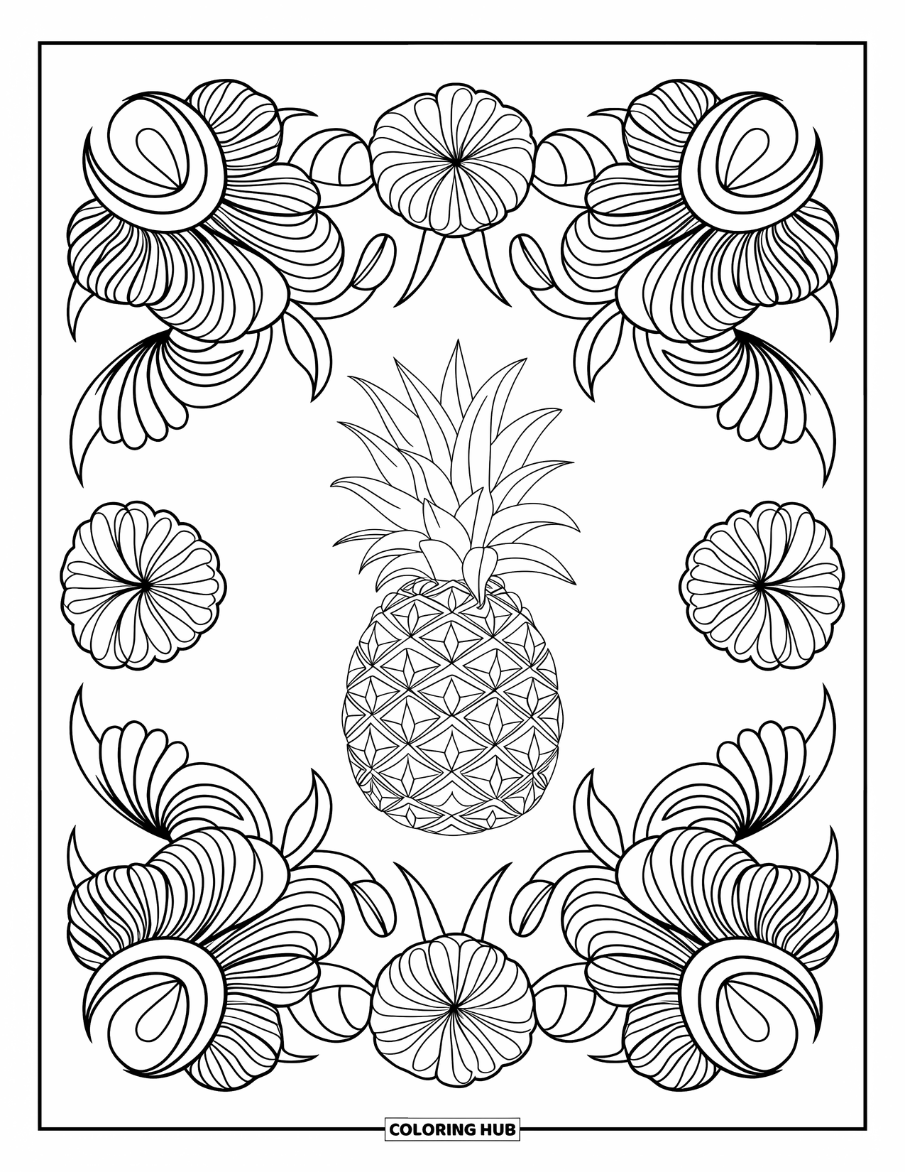 Pineapple Coloring Page for Adults: Floral lace design with a pineapple at the center