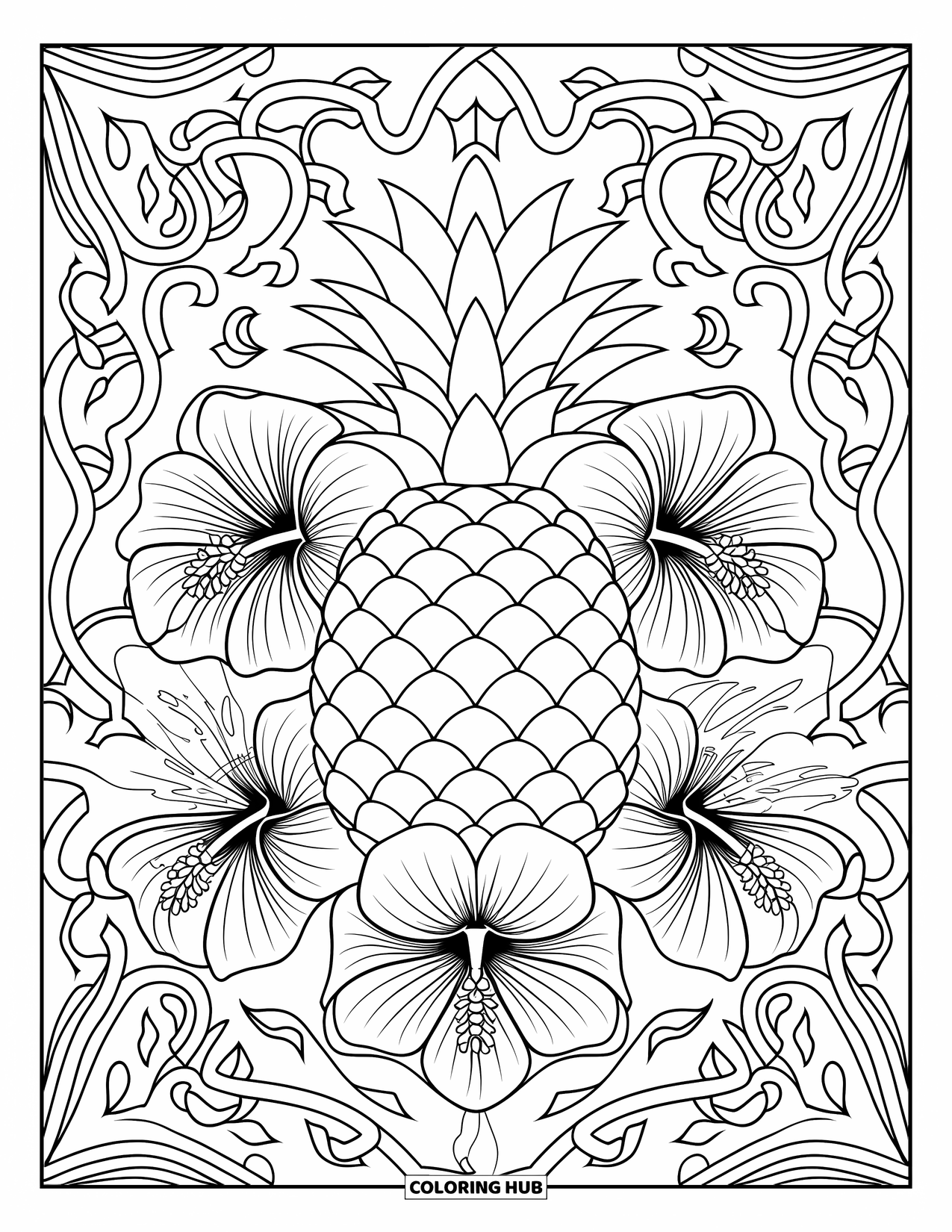 Pineapple Coloring Page for Adults: Pineapple and hibiscus flowers framed in vines and leaves