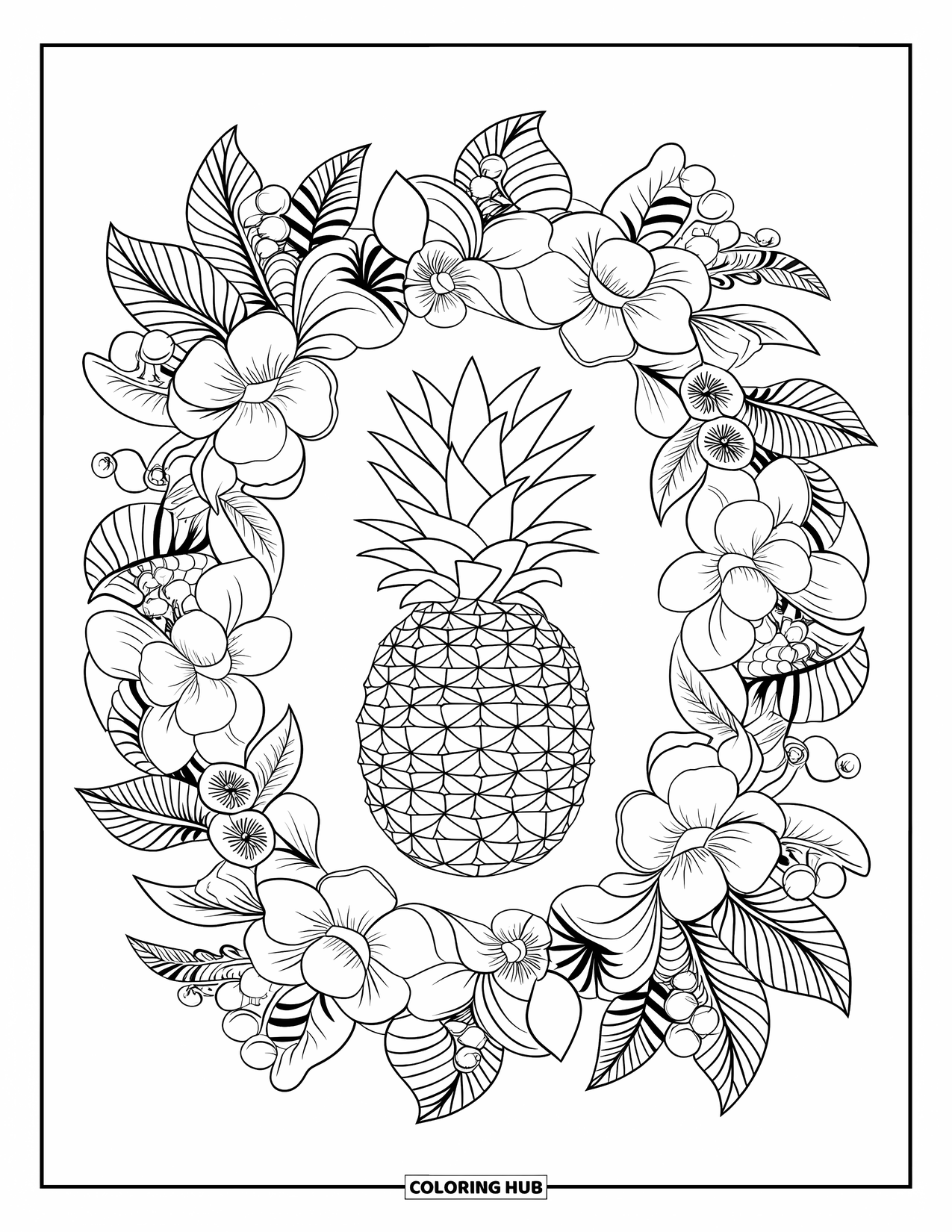Pineapple Coloring Page for Adults: Pineapple at the center of a detailed floral and fruit-filled mandala