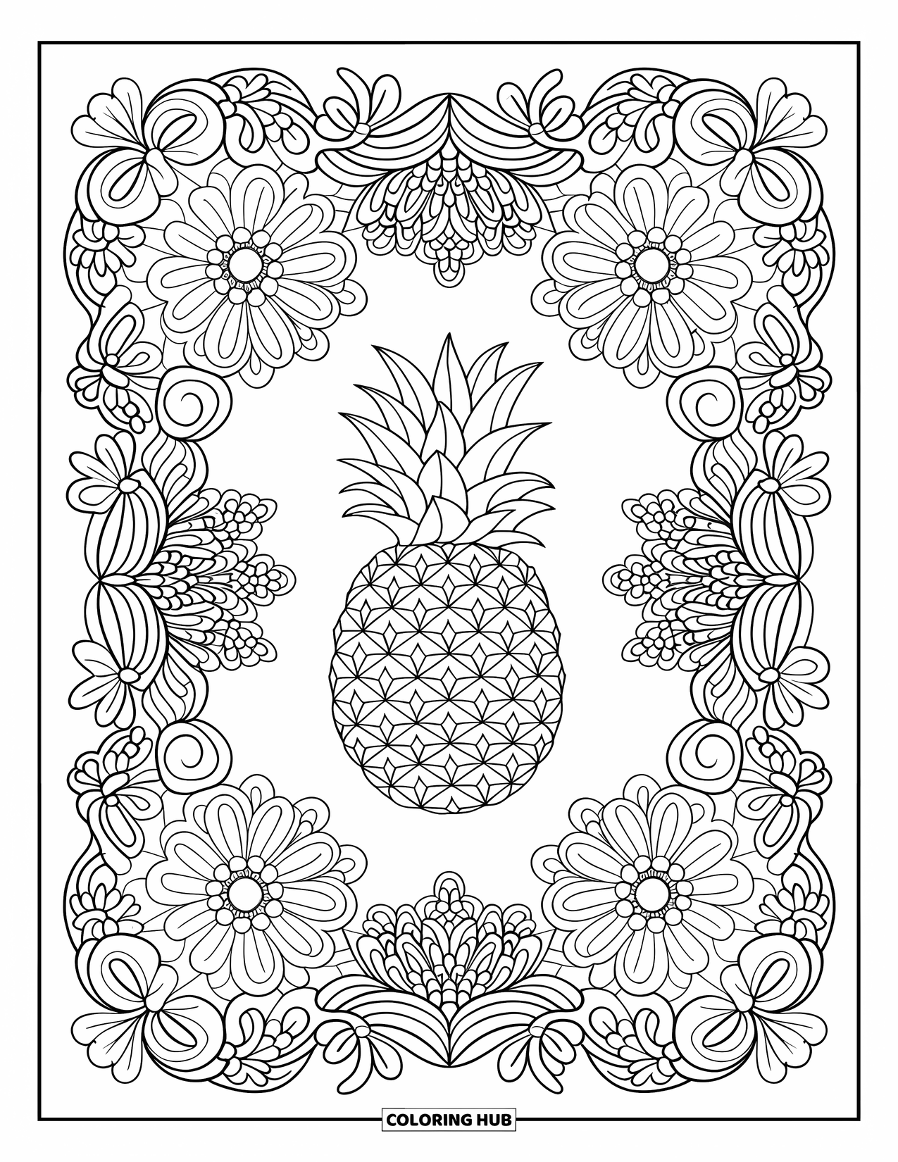 Pineapple Coloring Page for Adults: Pineapple centered in a floral lace pattern with fine linework