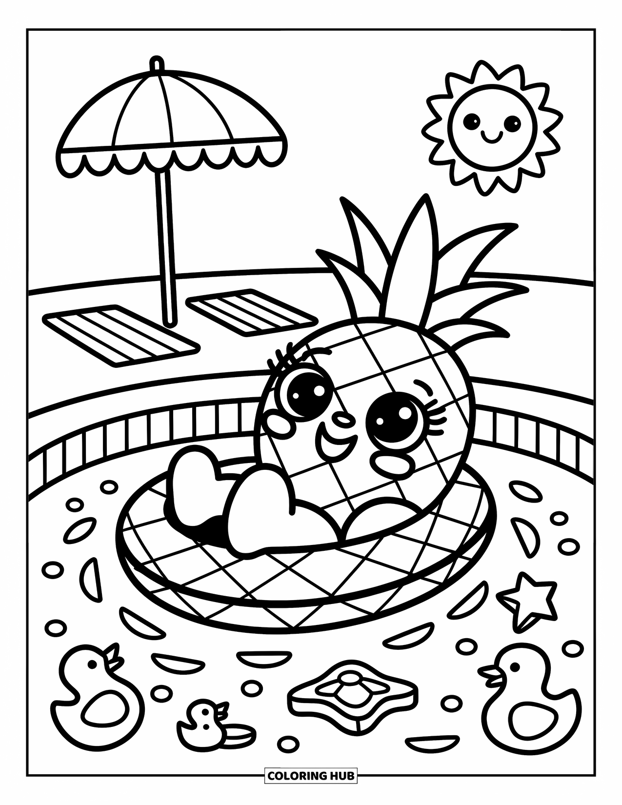 Pineapple Coloring Page for Adults: Pineapple floating in bubbly water with duckies, a beach umbrella, and sunshine