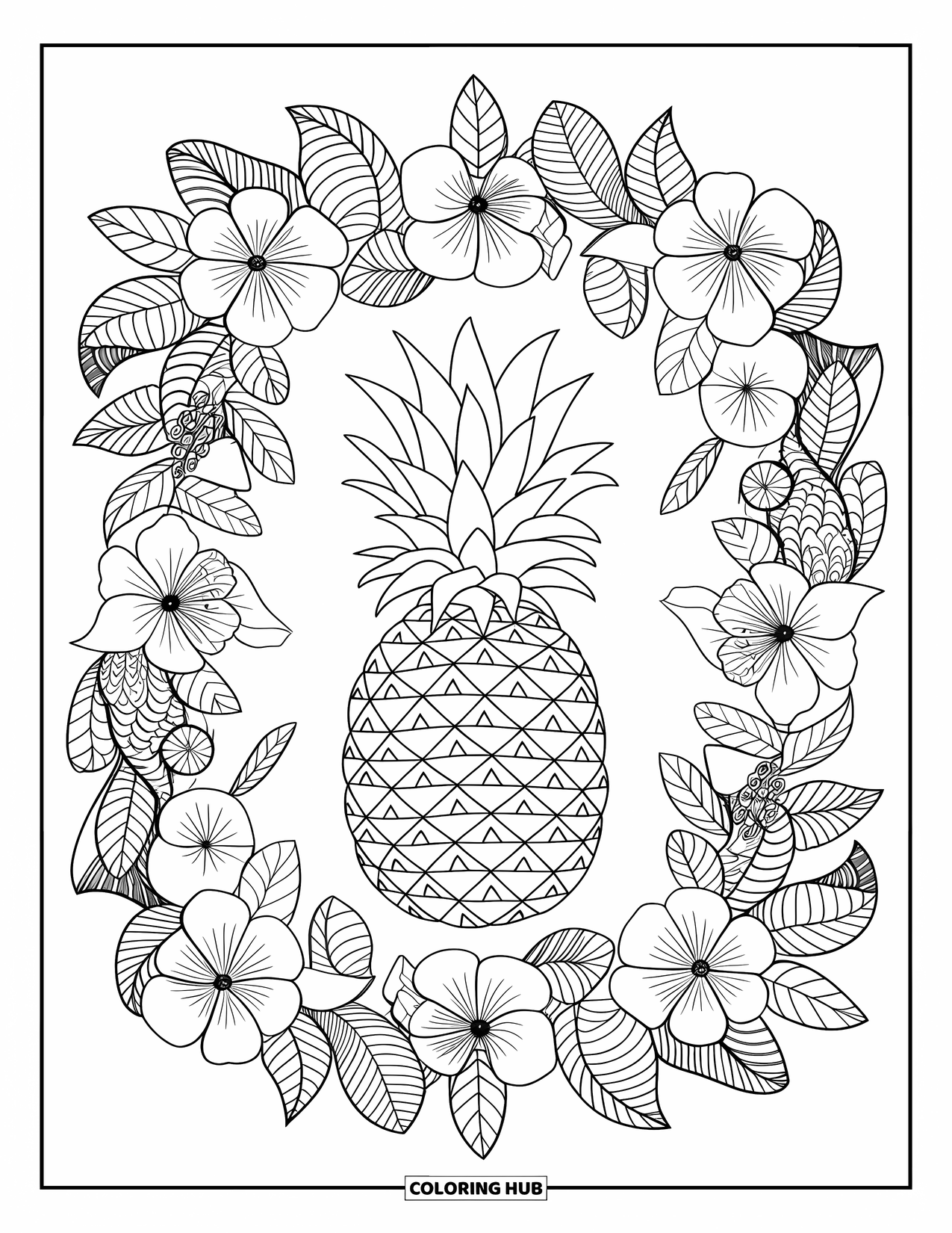 Pineapple Coloring Page for Adults: Pineapple framed by a full-page mandala of tropical flowers and leaves