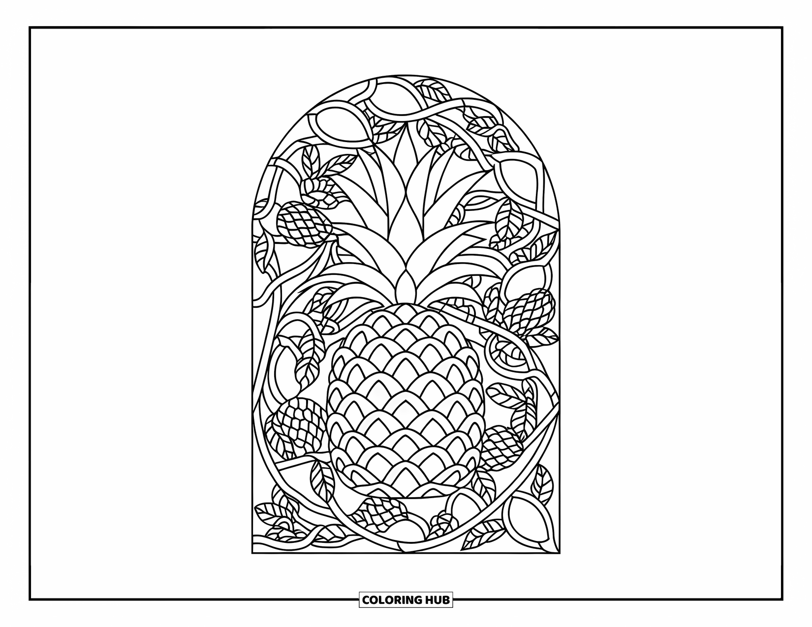 Pineapple Coloring Page for Adults: Pineapple in a stained-glass pattern with vines and tropical fruits
