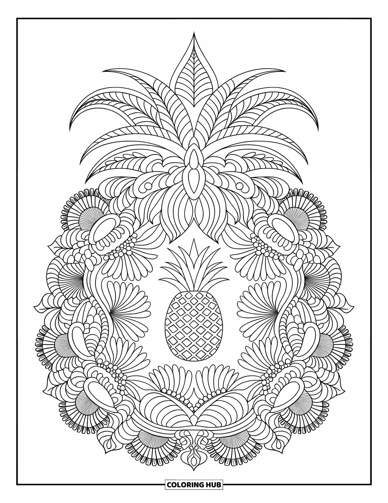 Pineapple Coloring Page for Adults: Pineapple in the middle of a detailed floral lace pattern