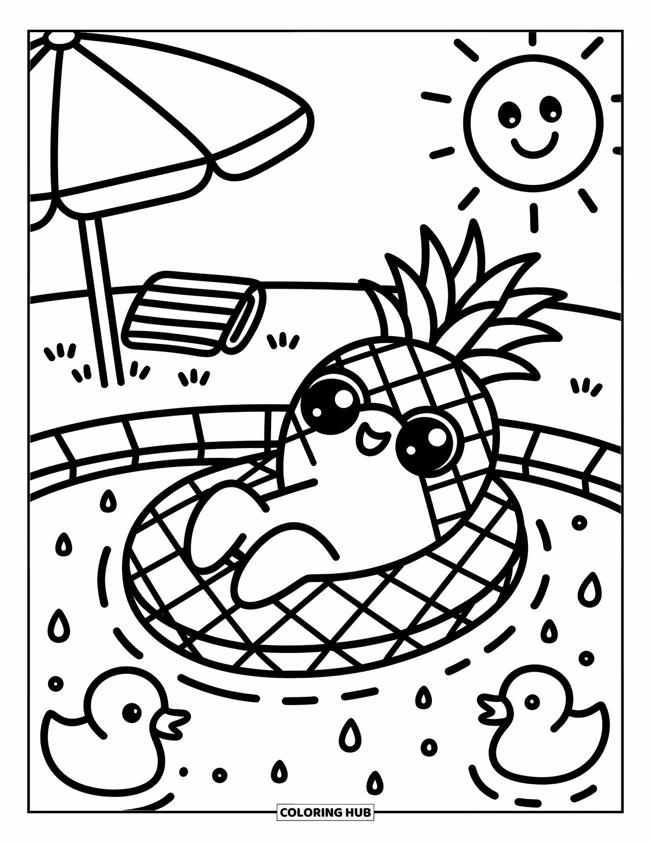 Pineapple Coloring Page for Adults: Pineapple lounges on a float in a bubbly pool with duckies and a sunny sky