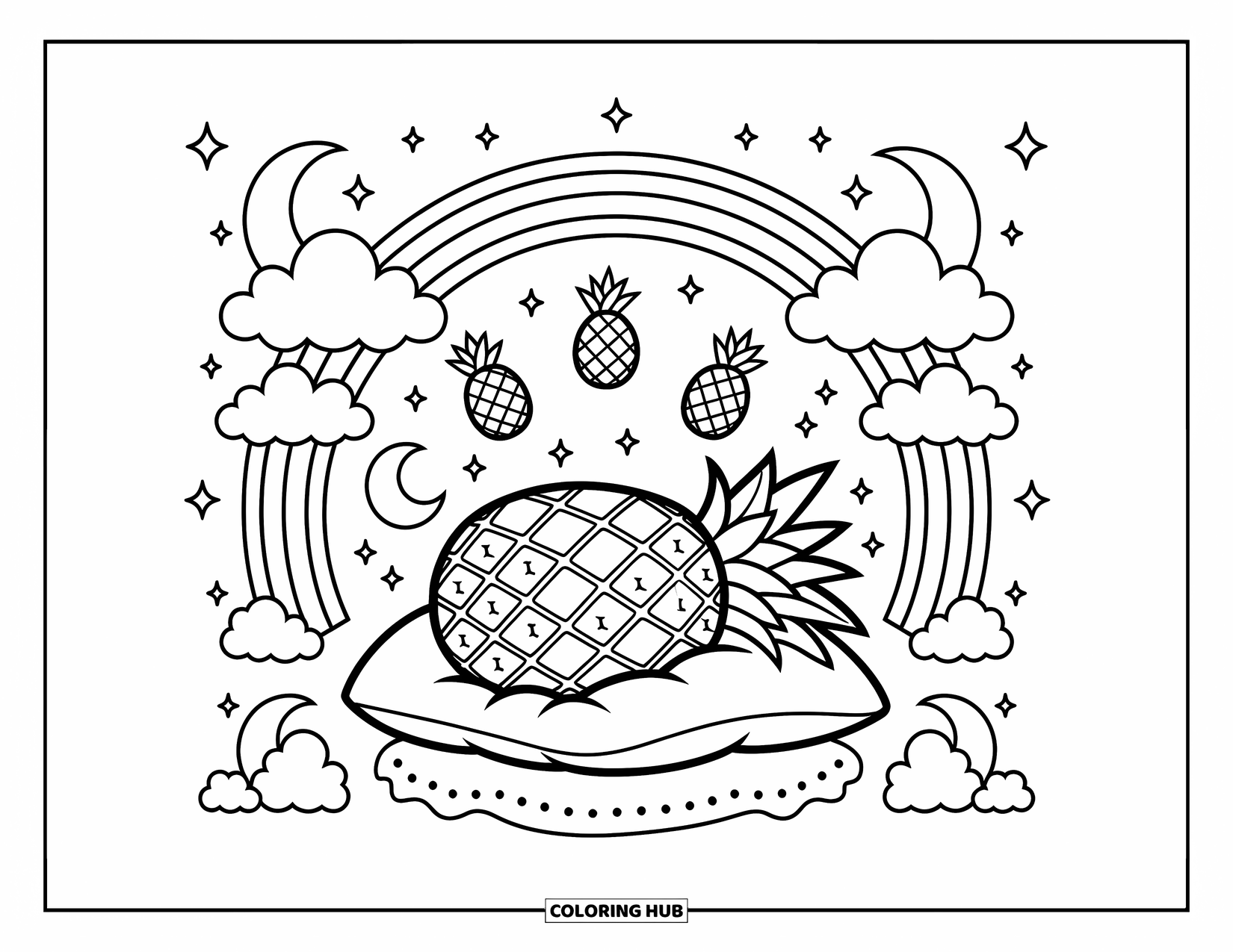 Pineapple Coloring Page for Adults: Pineapple naps on a cloud surrounded by stars, moons, and tiny pineapples
