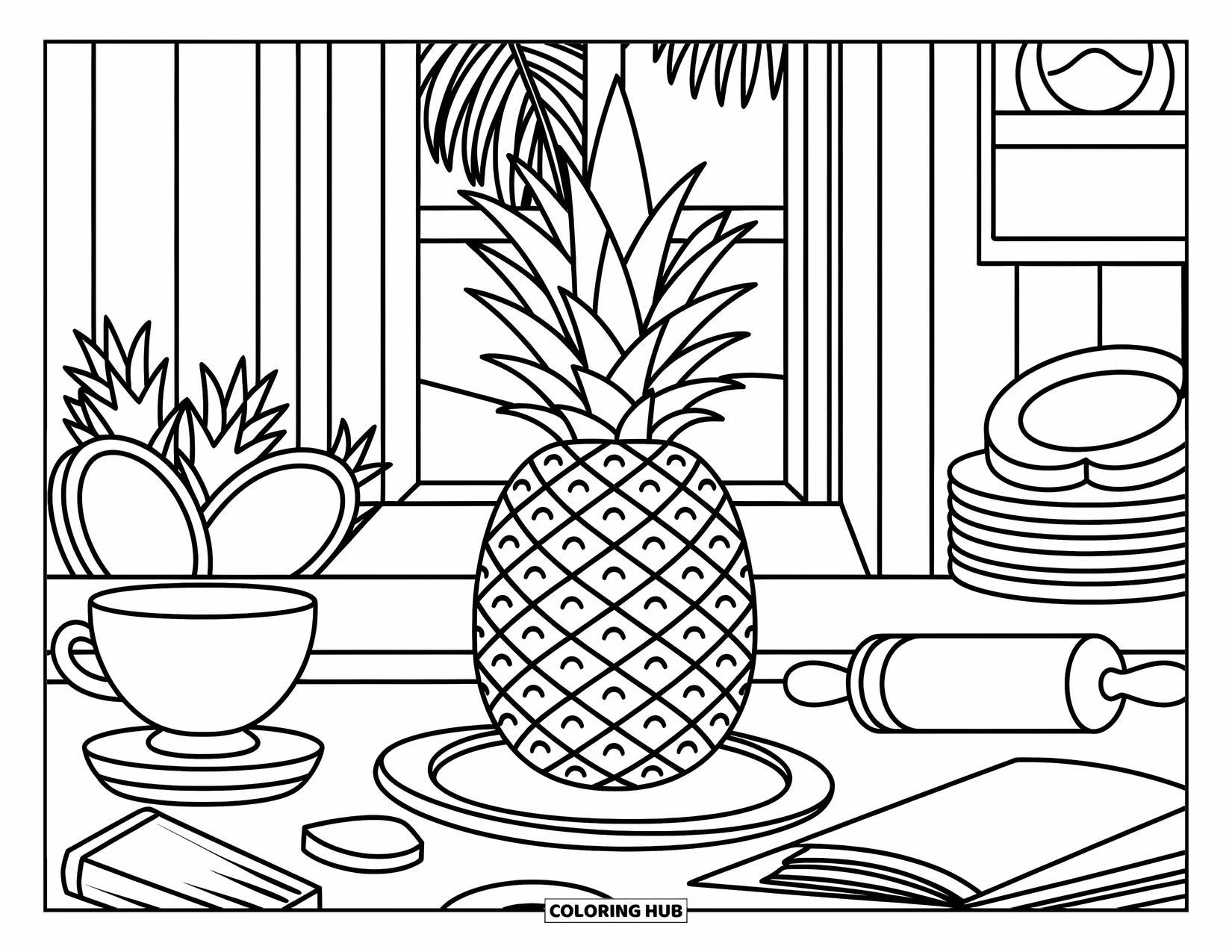 Pineapple Coloring Page for Adults: Pineapple stands on a board with a recipe book, plates, and a peaceful view