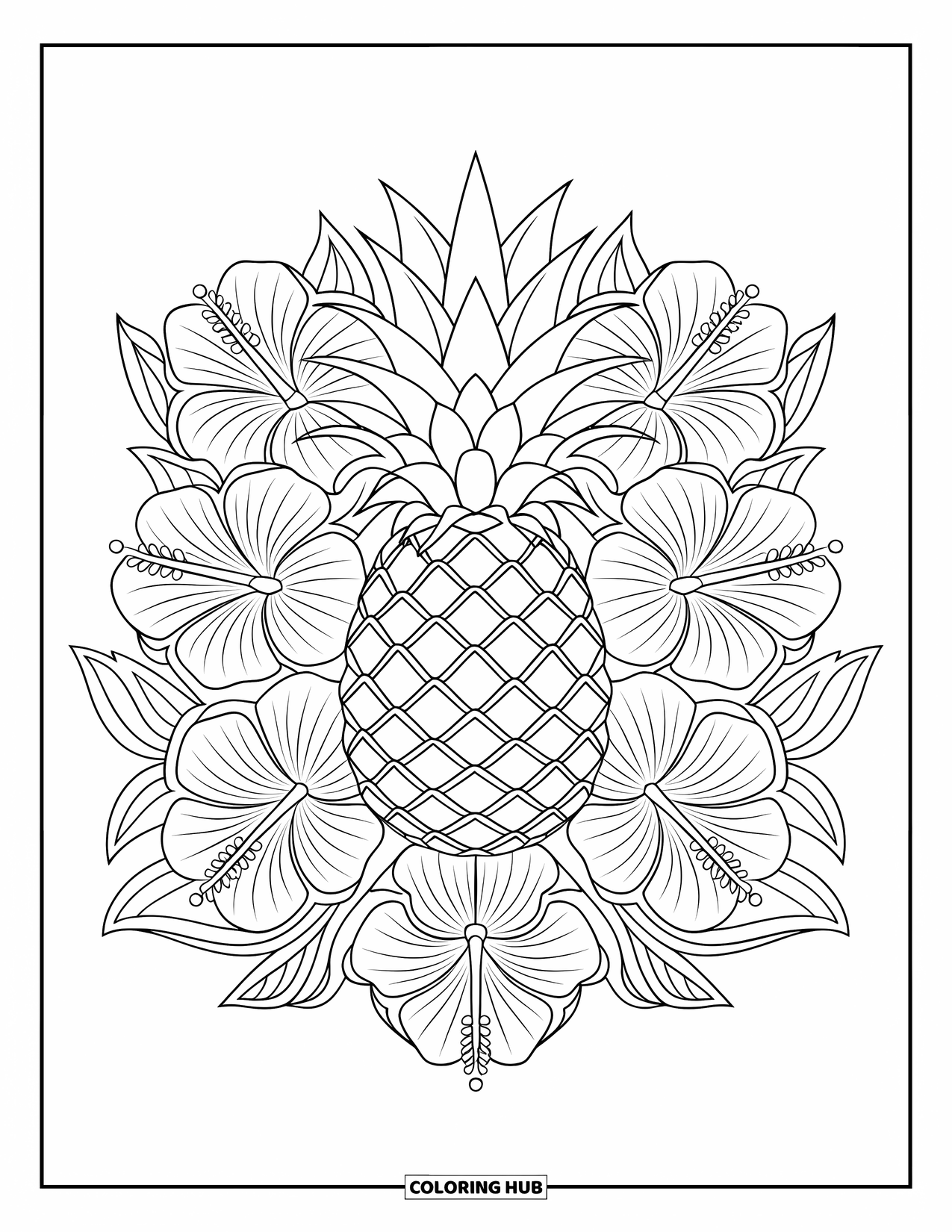 Pineapple Coloring Page for Adults: Pineapple surrounded by hibiscus flowers in an elegant symmetrical pattern