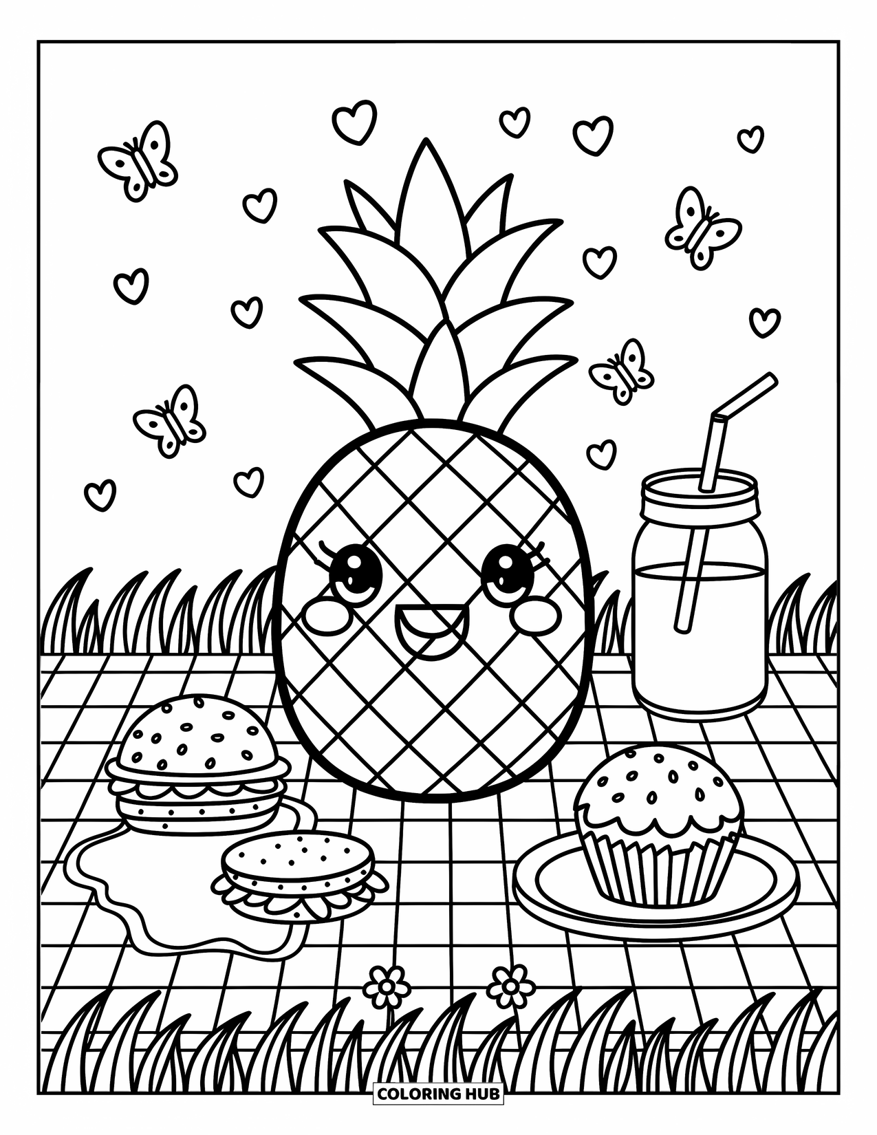 Pineapple Coloring Page for Adults: Pineapple with a smile sits on a picnic blanket surrounded by tiny treats
