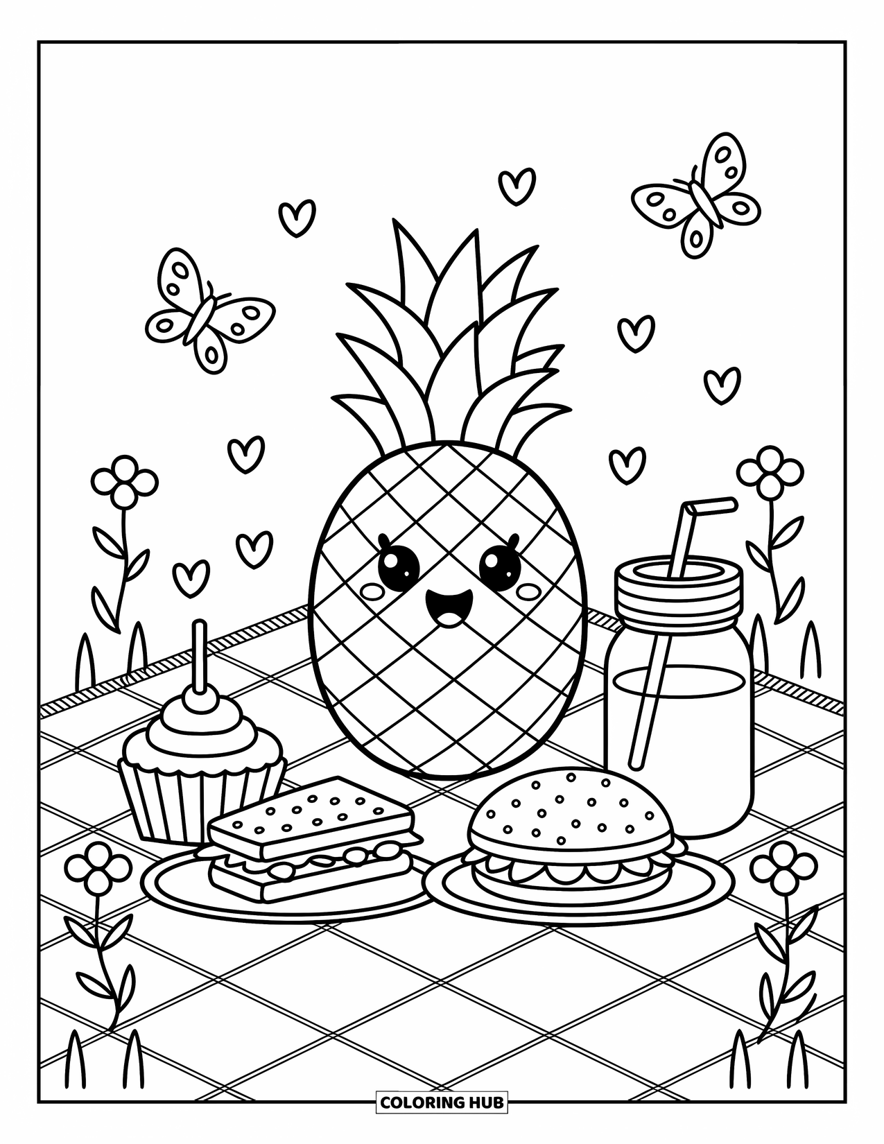 Pineapple Coloring Page for Adults: Smiling pineapple with picnic snacks, flowers, and butterflies on a cozy blanket