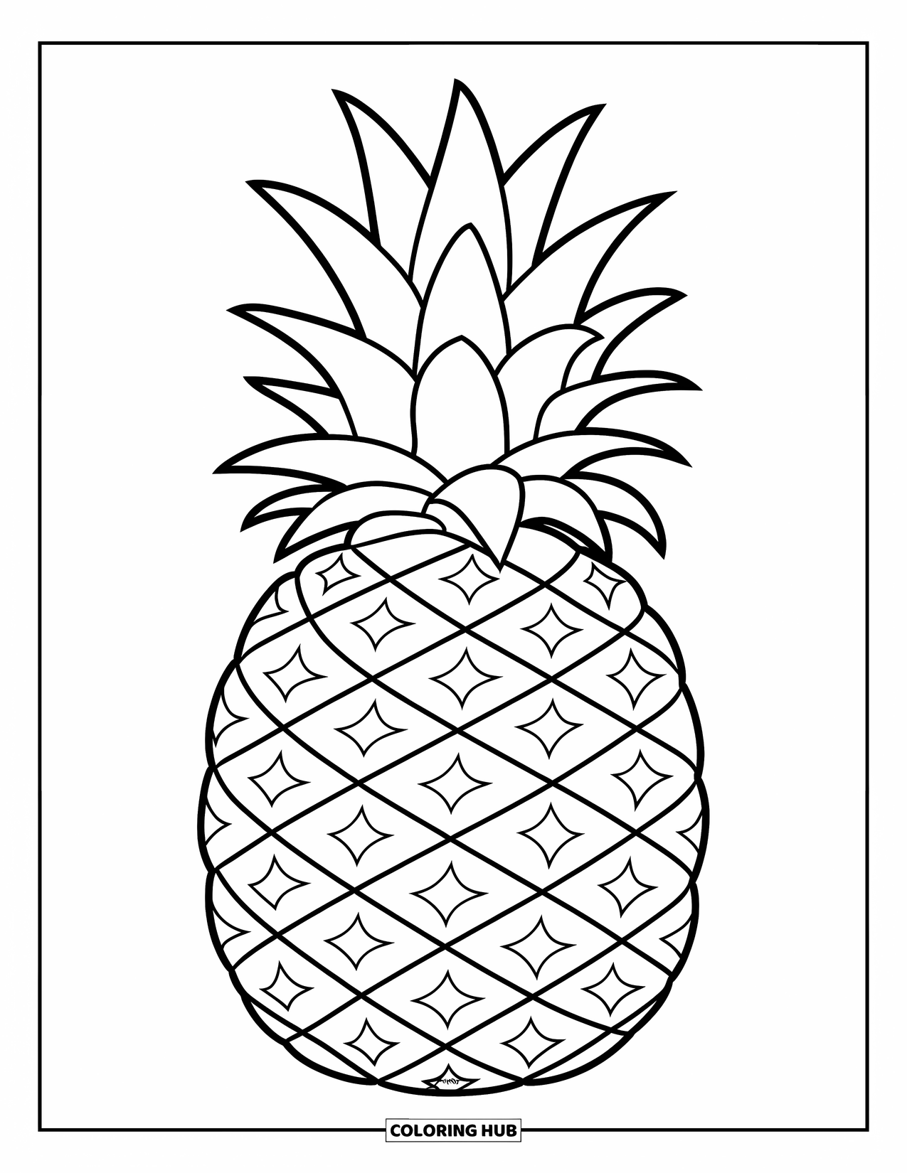 Pineapple Coloring Page for Kids: Big pineapple with zigzag skin and leafy crown