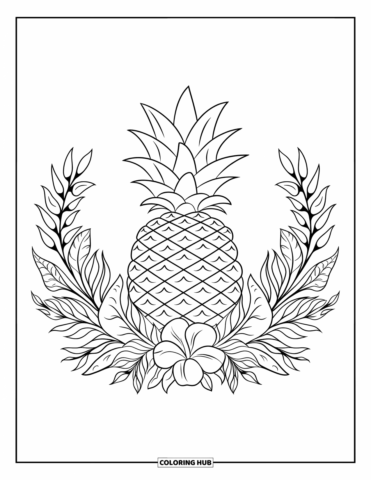 Pineapple Coloring Page for Kids: Centered pineapple surrounded by a vibrant floral wreath