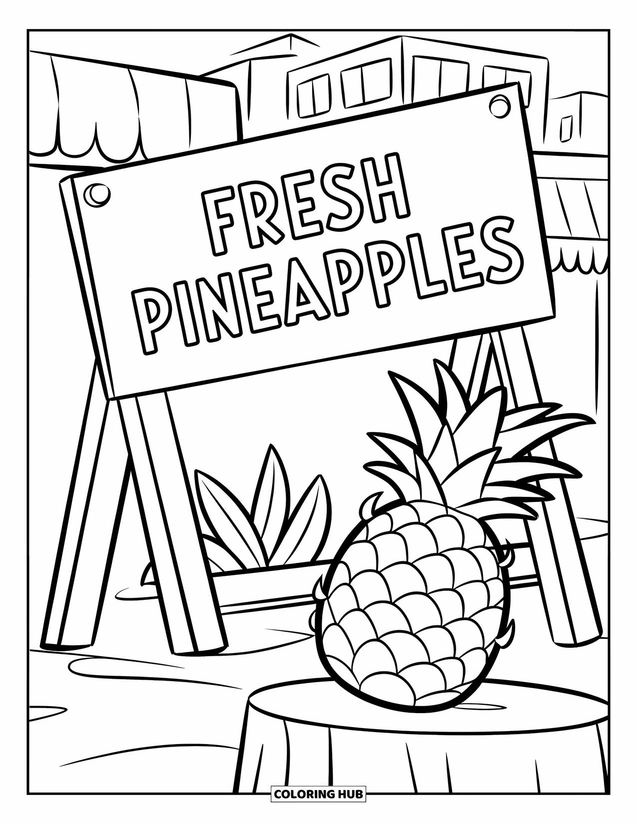 Pineapple Coloring Page for Kids: Market stand with a pineapple and "Fresh Pineapples" sign