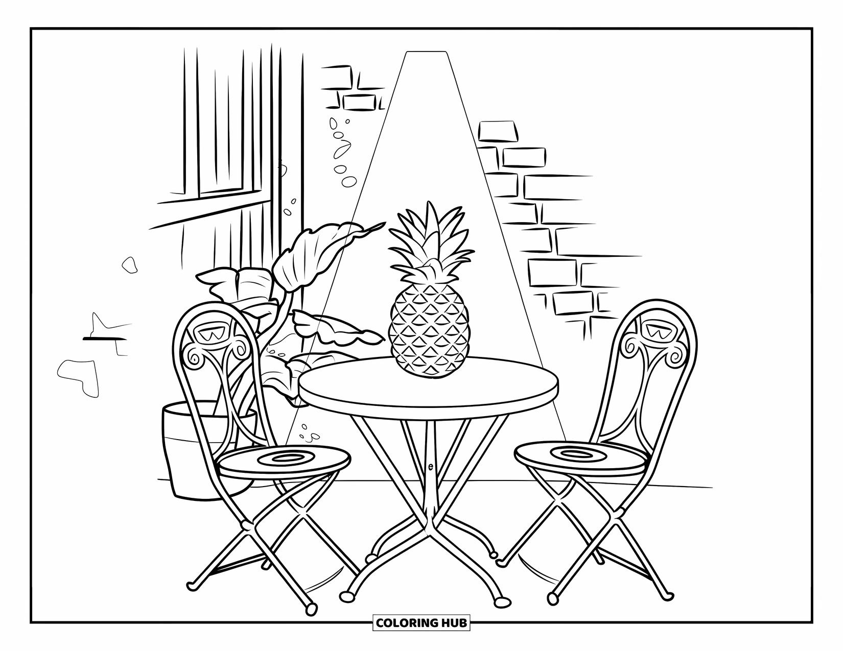 Pineapple Coloring Page for Kids: Patio scene with a glowing pineapple lamp, rustic wall, and comfy seating
