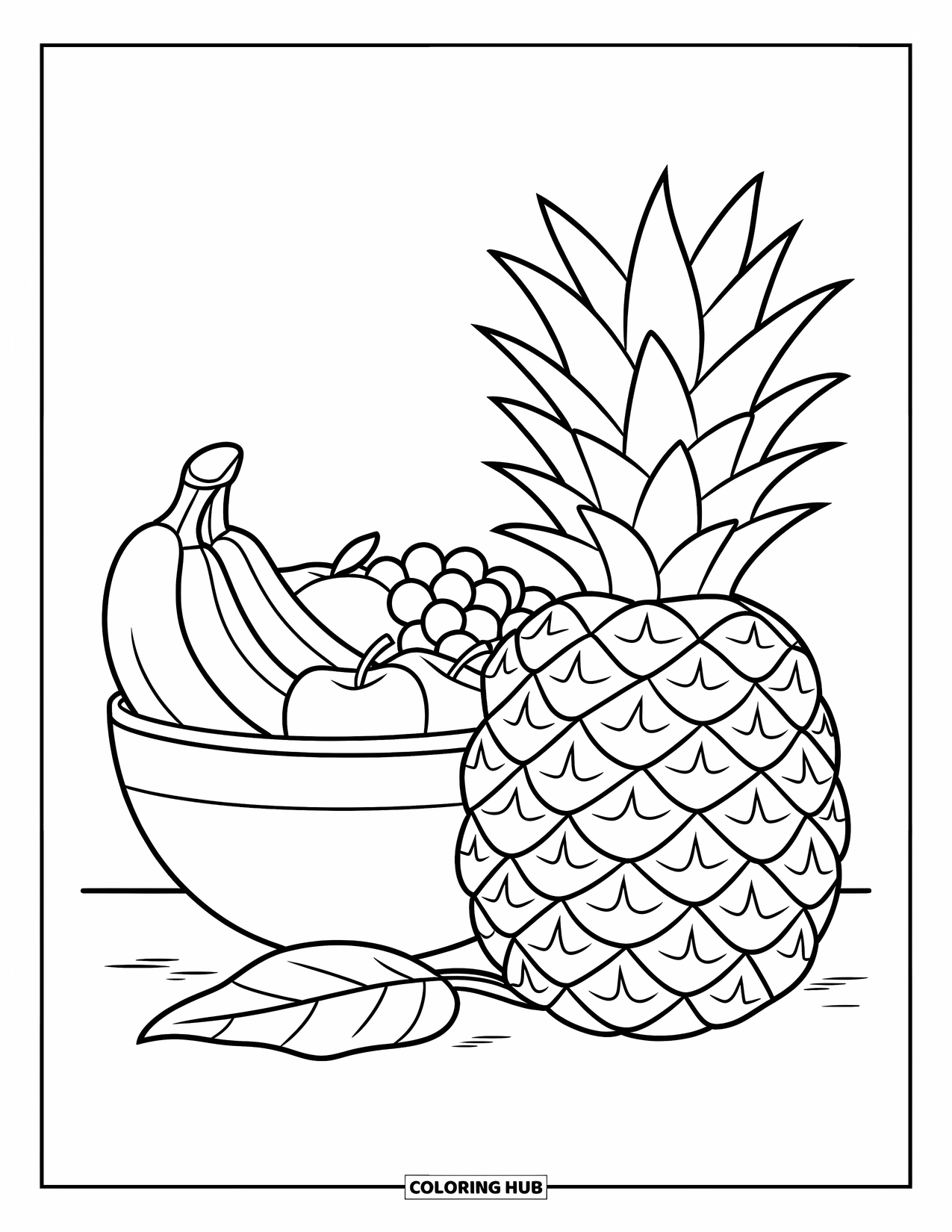 Pineapple Coloring Page for Kids: Pineapple beside a fruit bowl with bananas, apples, grapes, and a fallen leaf
