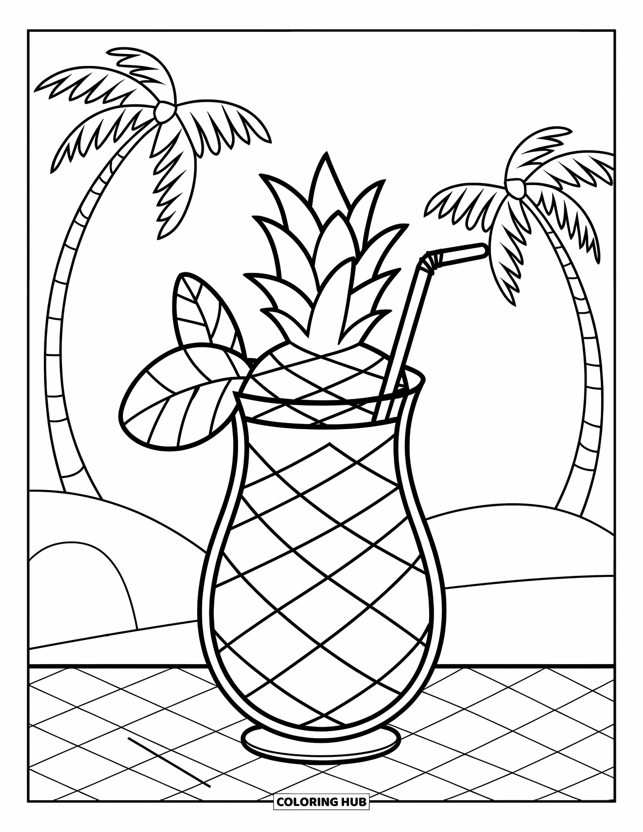 Pineapple Coloring Page for Kids: Pineapple drink on a checkered table with palm trees behind