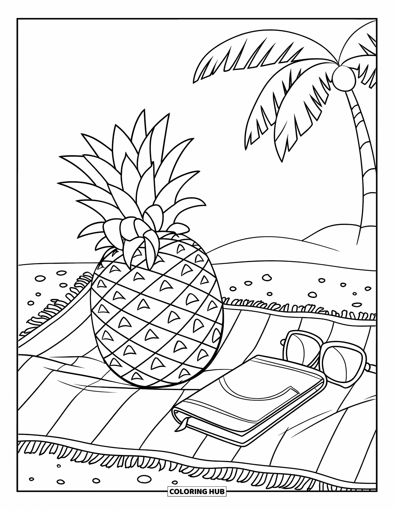 Pineapple Coloring Page for Kids: Pineapple lounging with shades and book near palm trees and sand