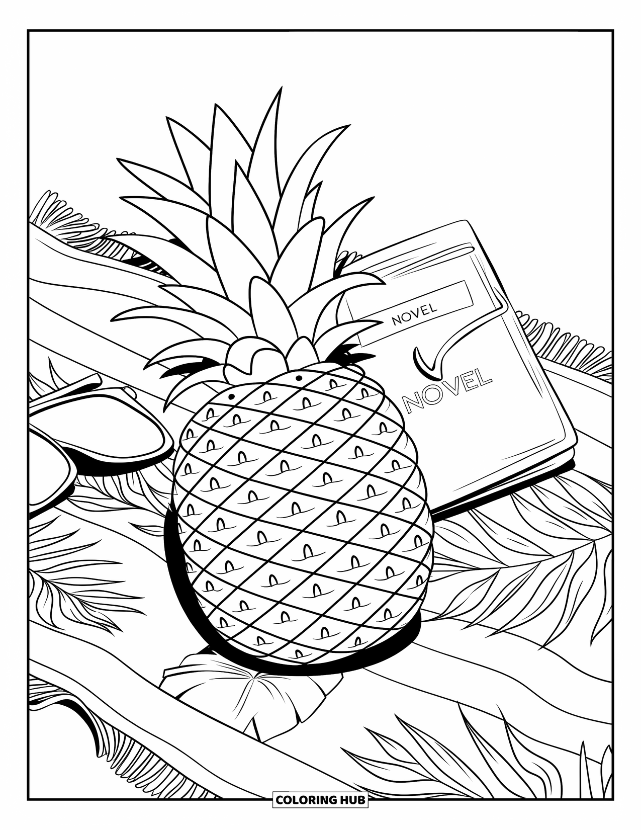 Pineapple Coloring Page for Kids: Pineapple on a beach towel with a book and sunglasses
