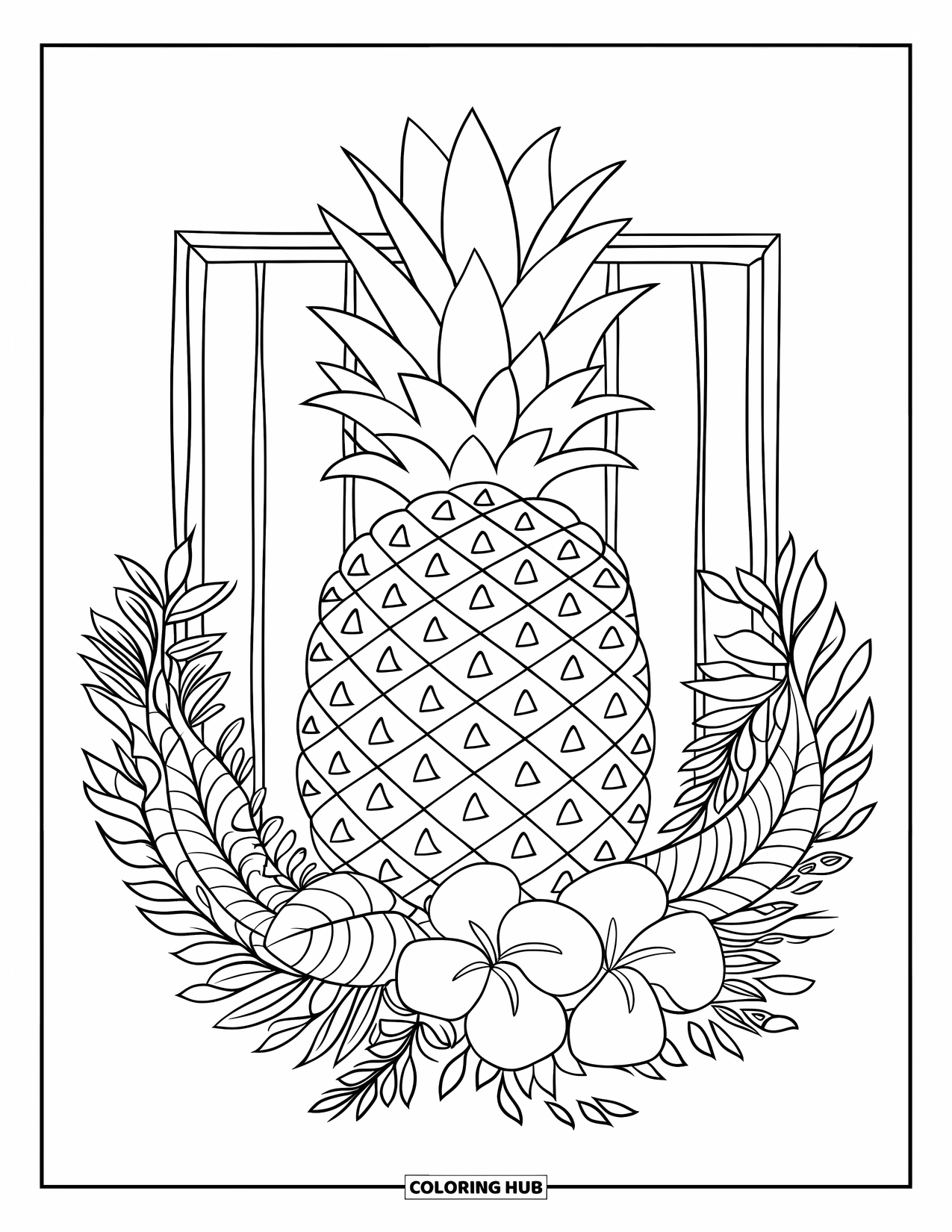 Pineapple Coloring Page for Kids: Pineapple on a wooden board with a tropical wreath of flowers and leaves