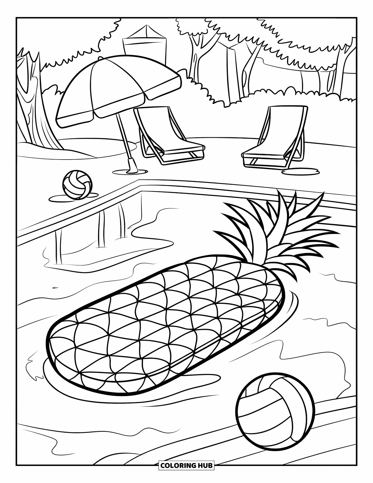 Pineapple Coloring Page for Kids: Pineapple pool float with volleyball, umbrella, and palm trees