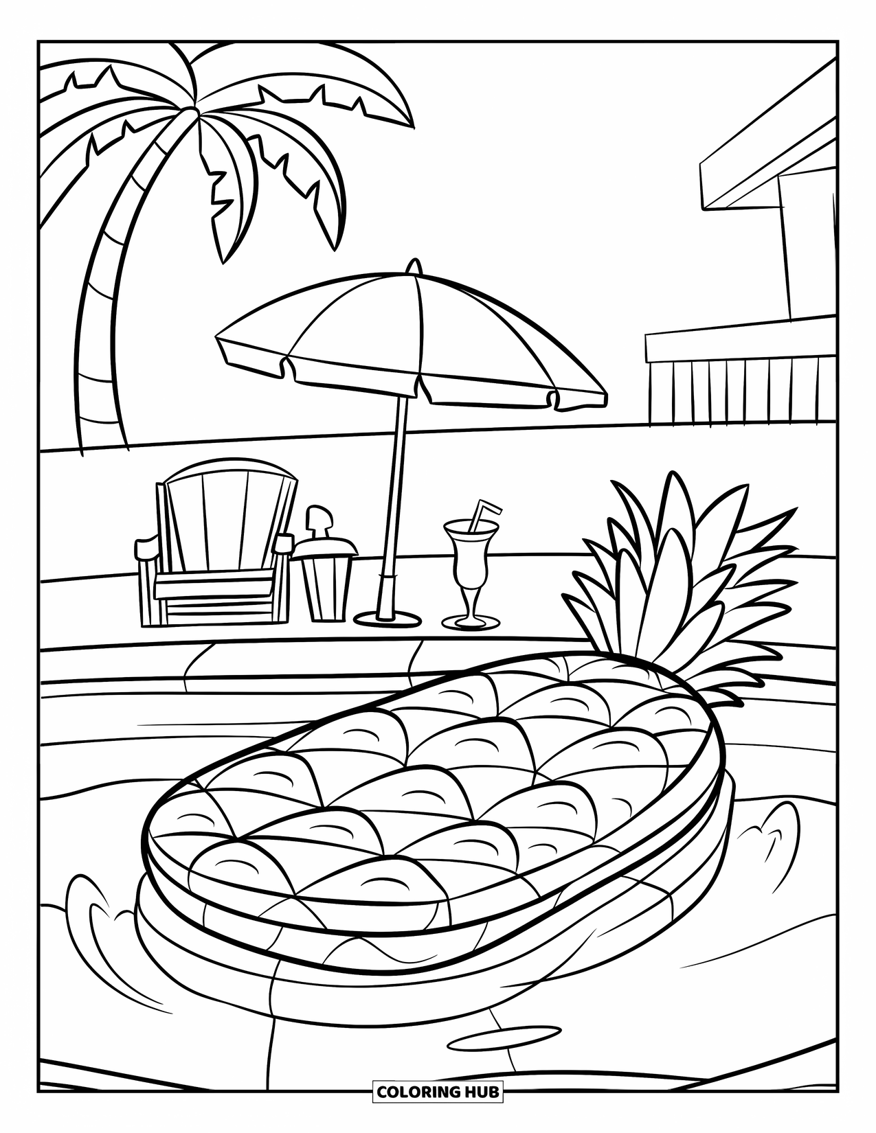 Pineapple Coloring Page for Kids: Pineapple raft floats in a pool with nearby beach gear and palm trees