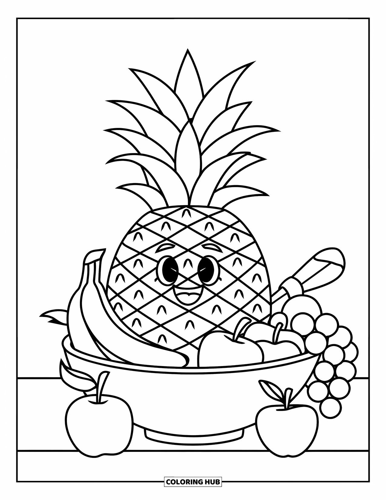 Pineapple Coloring Page for Kids: Pineapple with a hat in a fruit bowl of bananas, apples, and grapes