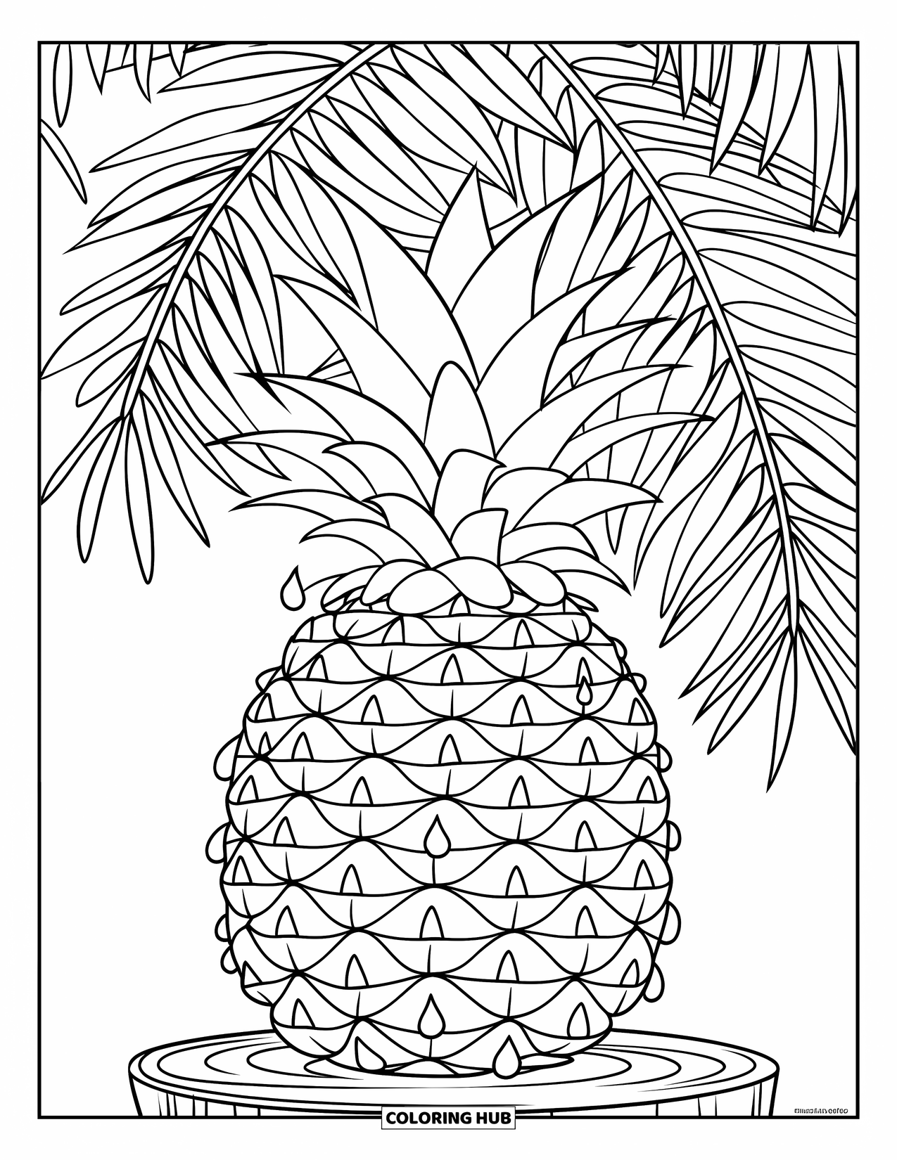 Pineapple Coloring Page for Kids: Pineapple with palm fronds and coconuts on a wooden base