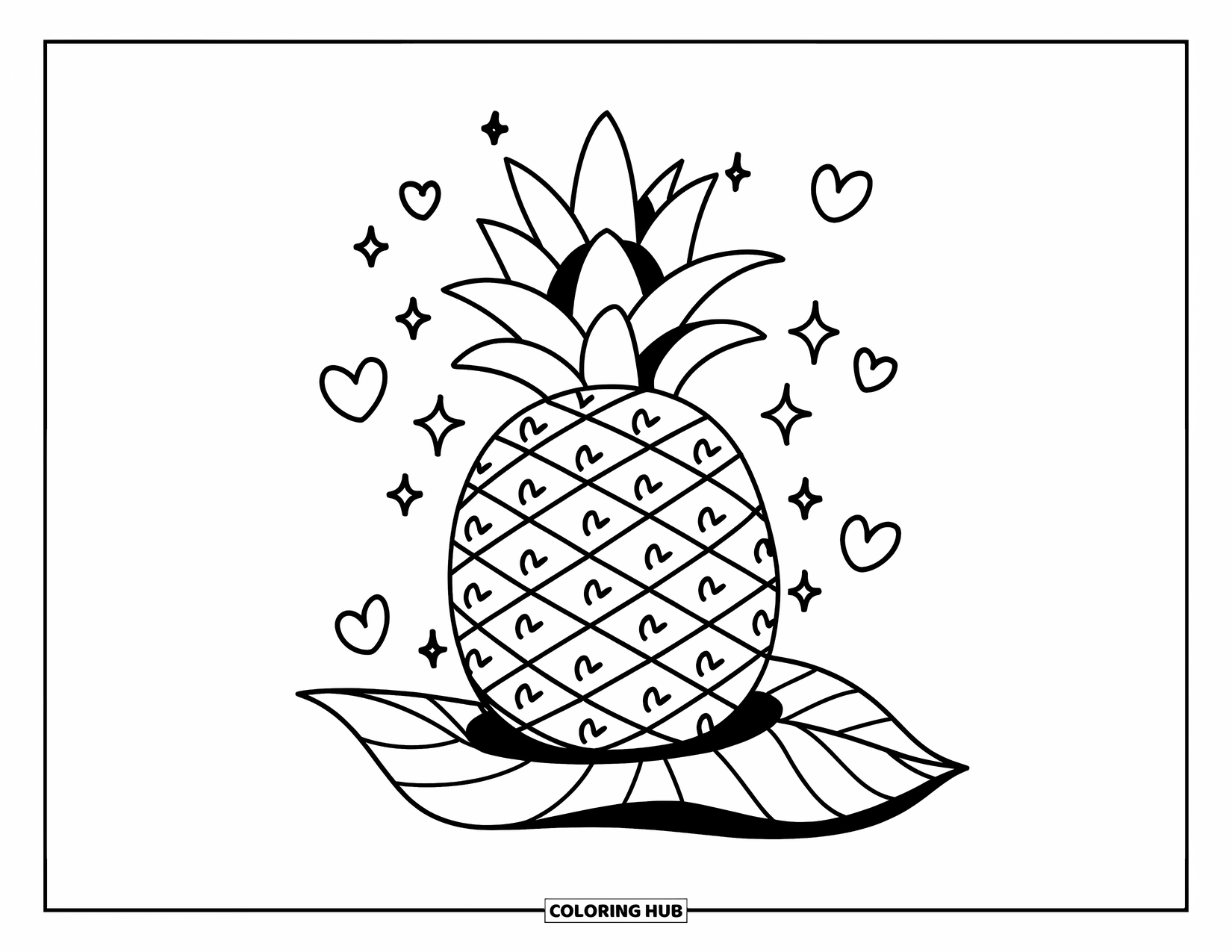 Pineapple Coloring Page for Kids: Pineapple with sparkles and hearts floating around it