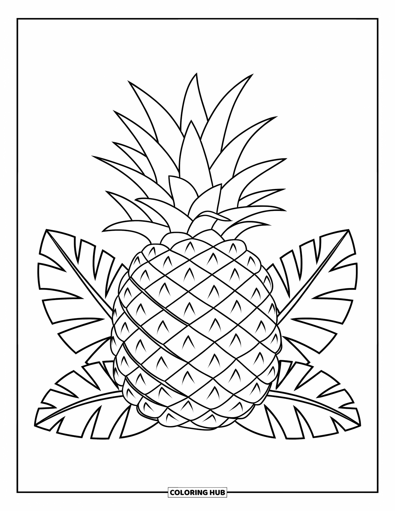 Pineapple Coloring Page for Kids: Pineapple with three tropical leaves and a clean white background