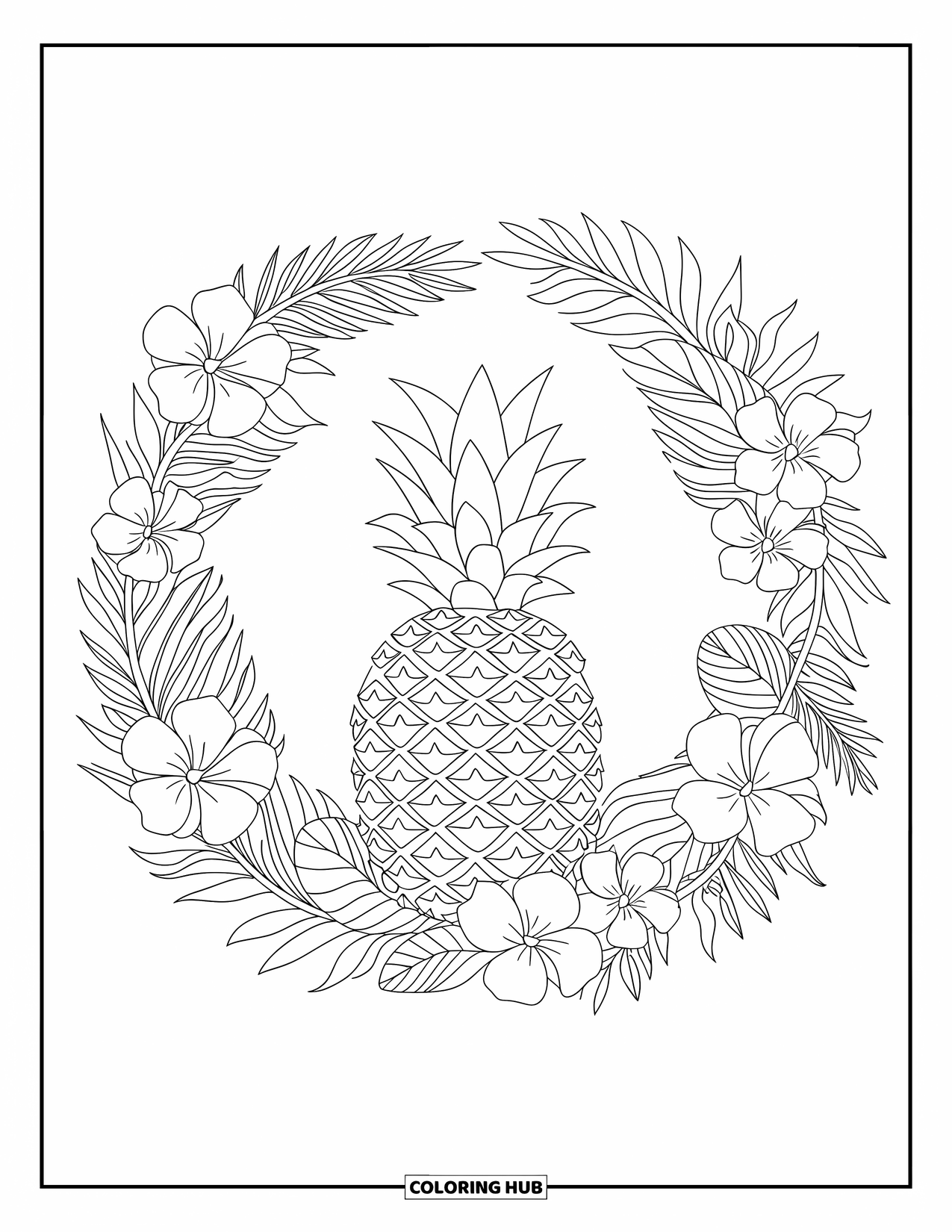 Pineapple Coloring Page for Kids: Pineapple with tropical flowers and leaves forming a wreath