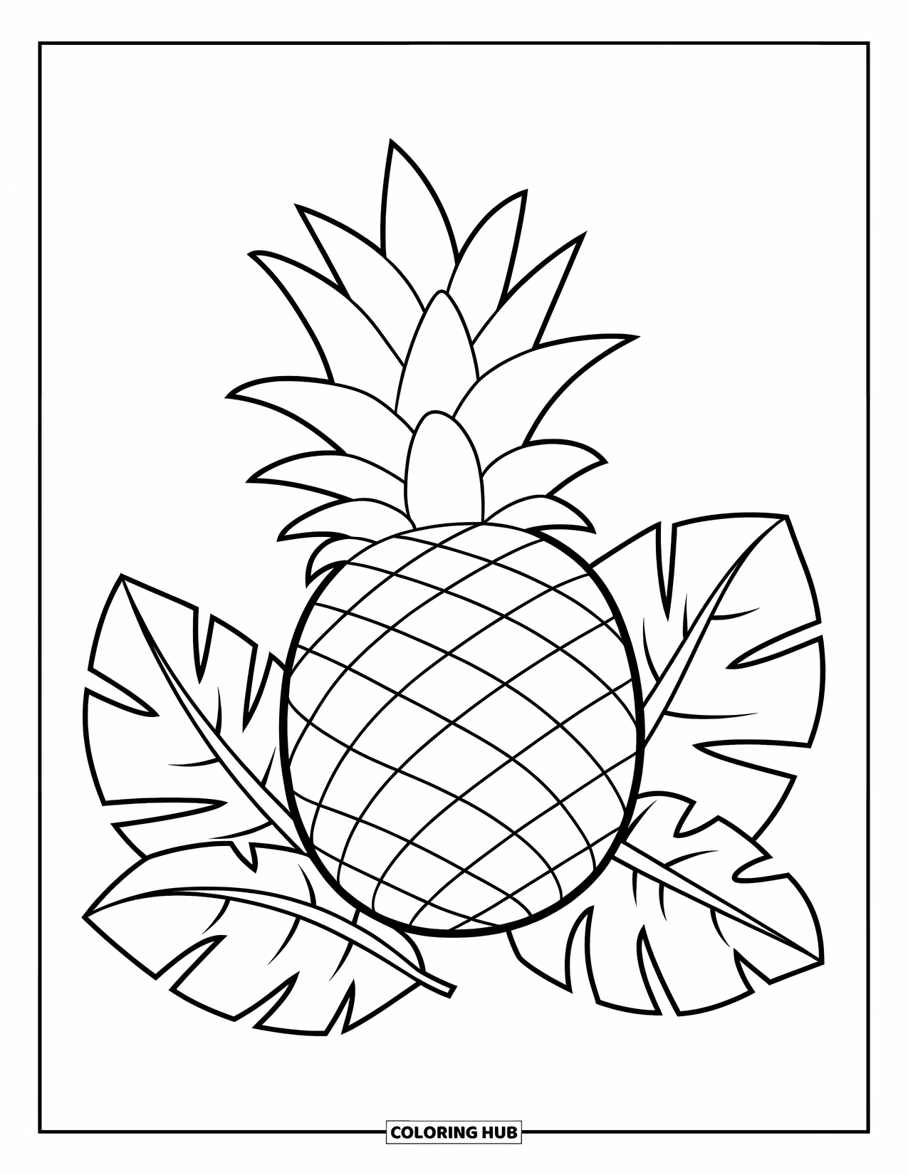 Pineapple Coloring Page for Kids: Side-view pineapple with leaves curled gently around it