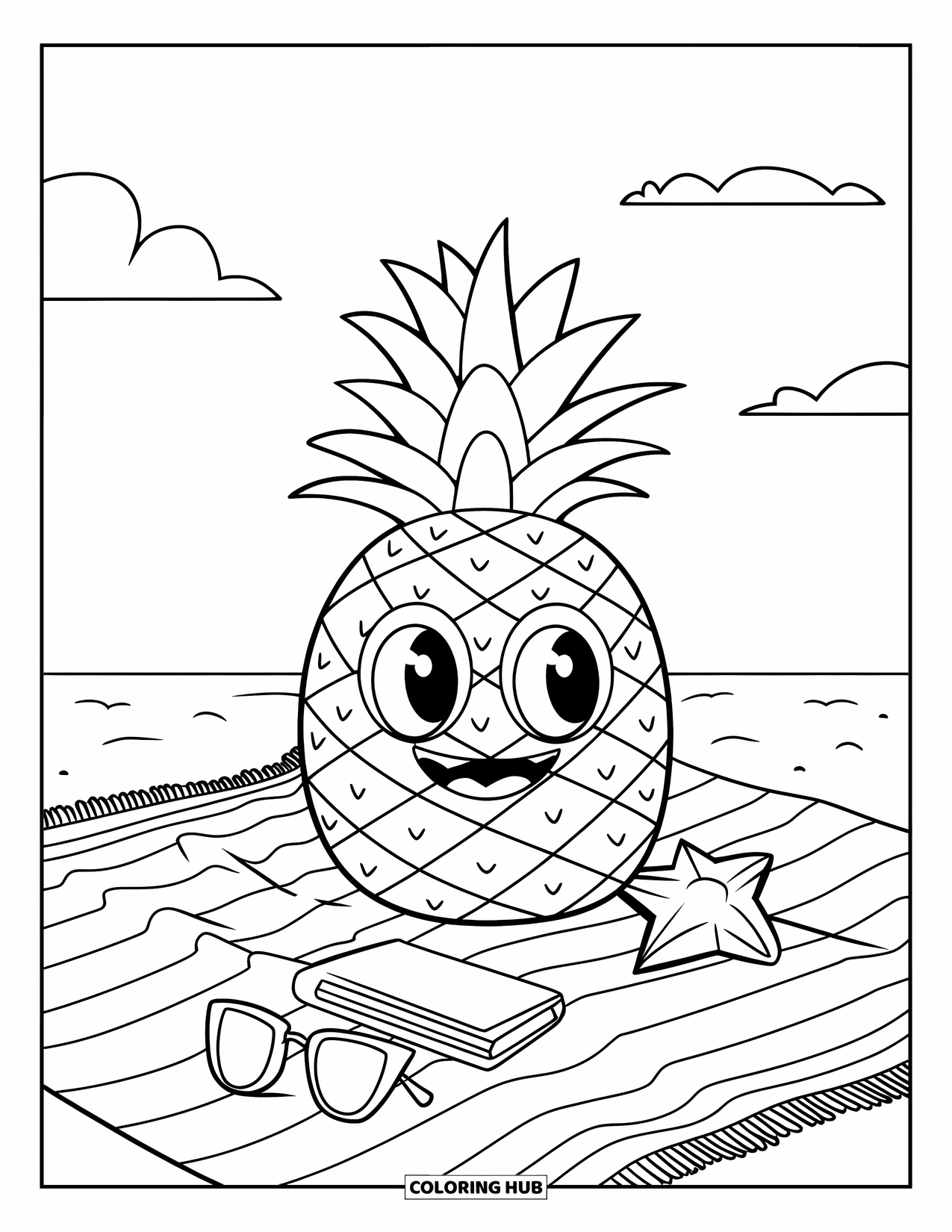 Pineapple Coloring Page for Kids: Smiling pineapple rests on a beach towel with a novel and sunglasses