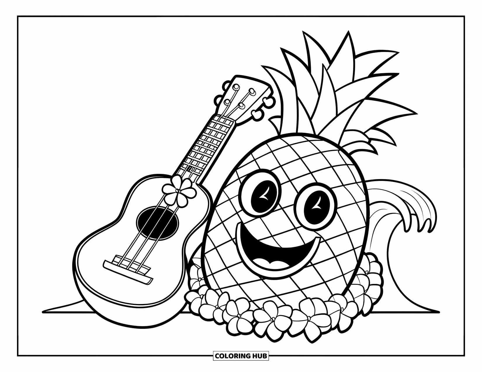 Pineapple Coloring Page for Kids: Smiling pineapple with flower lei and ukulele by the ocean