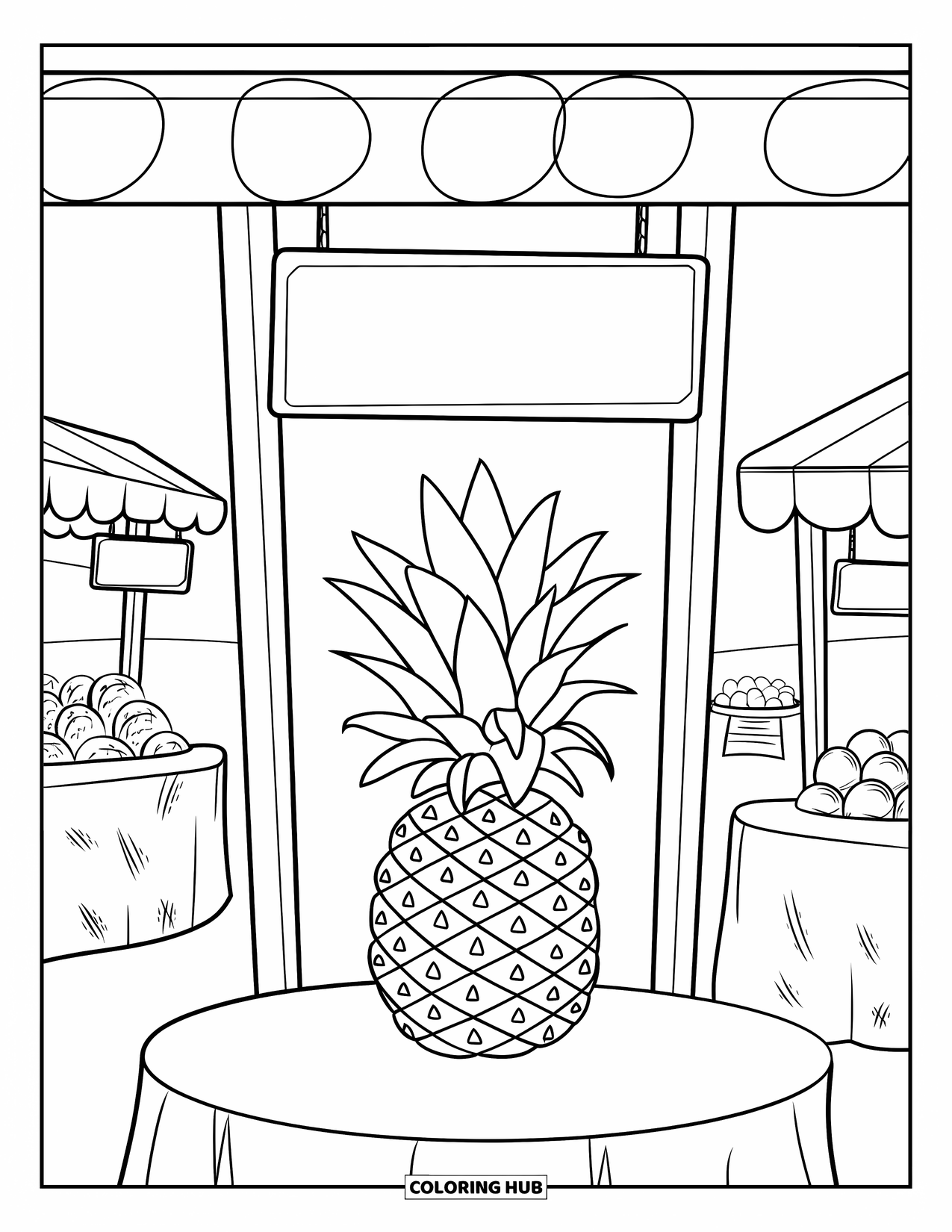 Pineapple Coloring Page for Kids: Summer market stand with pineapple on a display table
