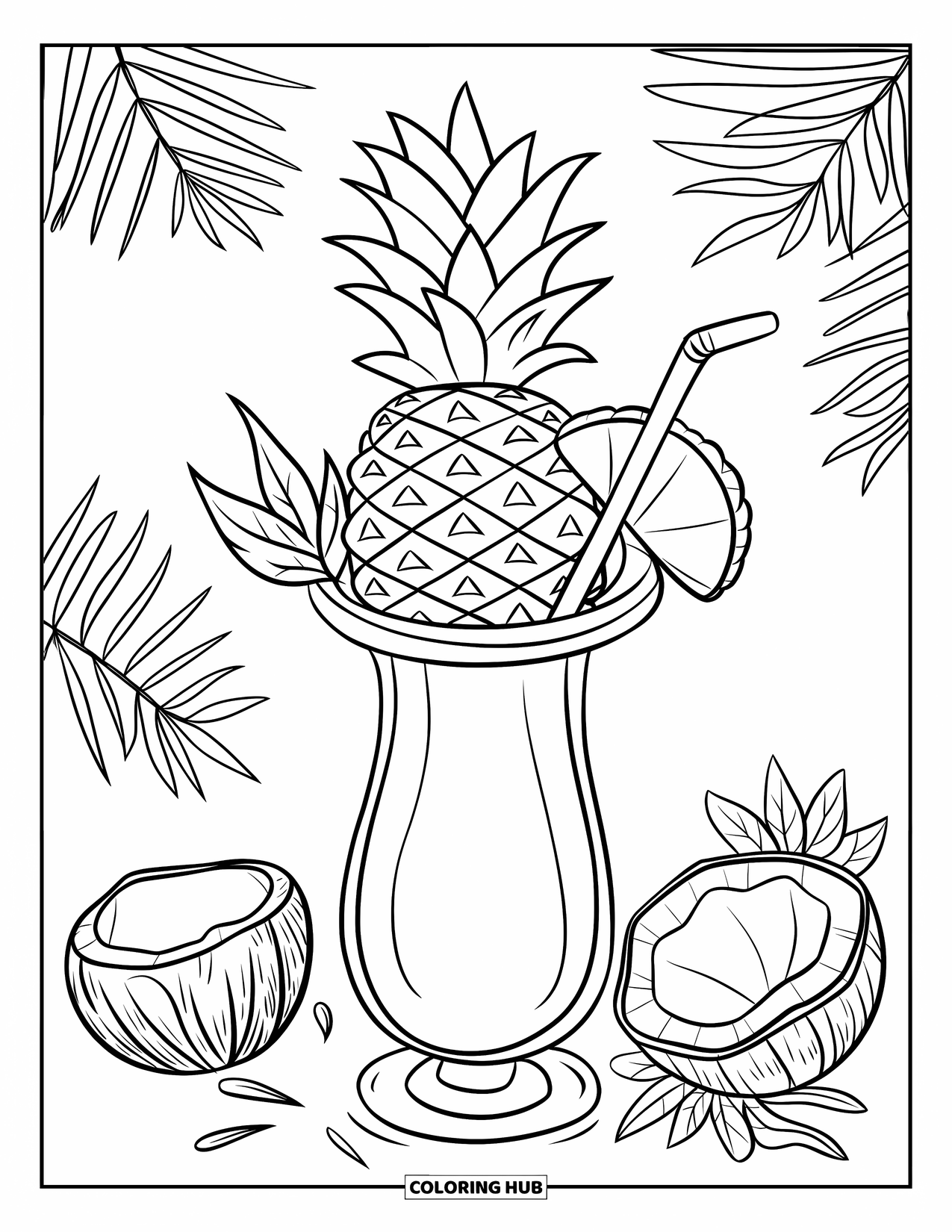 Pineapple Coloring Page for Kids: Tropical drink with pineapple slice and parrot in the background