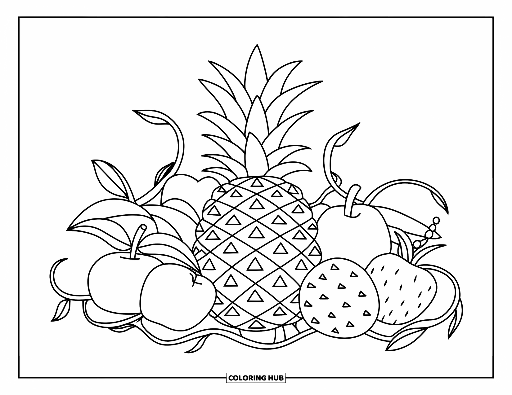 Pineapple Coloring Page for Kids: Tropical fruits with pineapple centerpiece wrapped in decorative vines