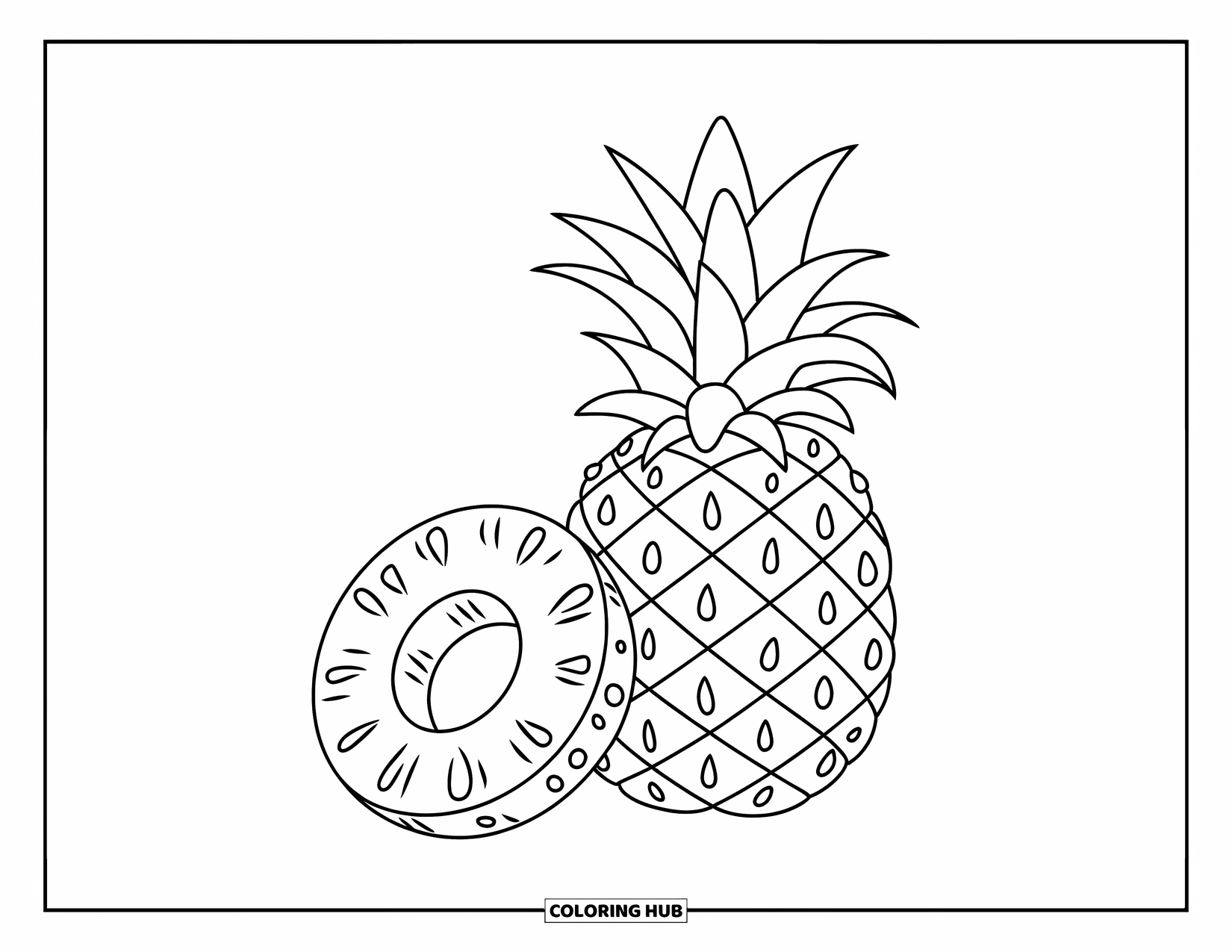 Pineapple Coloring Page for Kids: Whole pineapple and ring slice with a leaf on top